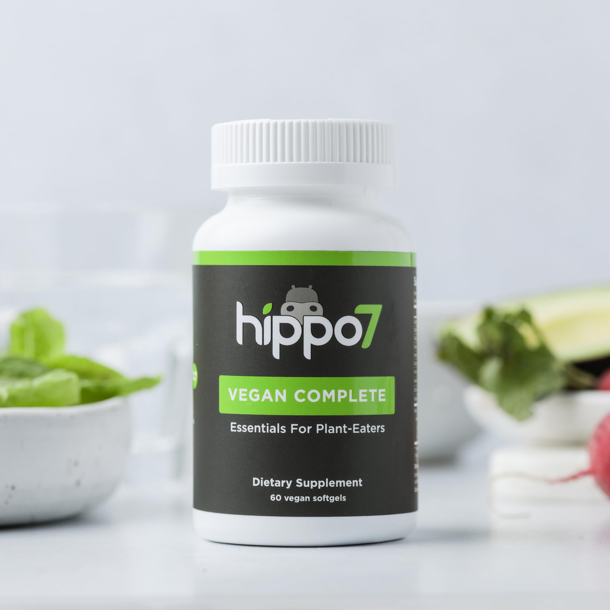 Hippo7 Vegan Complete Multivitamin Vitamin B12, Vitamin D, Omega-3 DHA+EPA, Calcium, Iodine, Zinc & Iron. (1 Bottle, 60 Softgels)