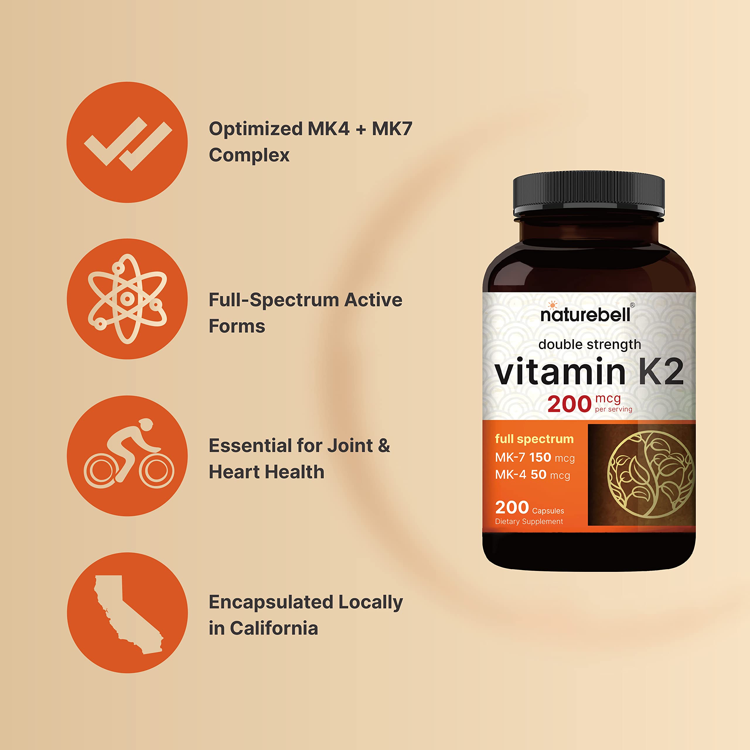 Full Spectrum Vitamin K2 Supplement with MK-7 & MK-4, 200 mcg, 200 Capsules, 2 in 1 Formula, Vitamin K2 Complex Supplement, Supports Joint and Heart Health, Non-GMO