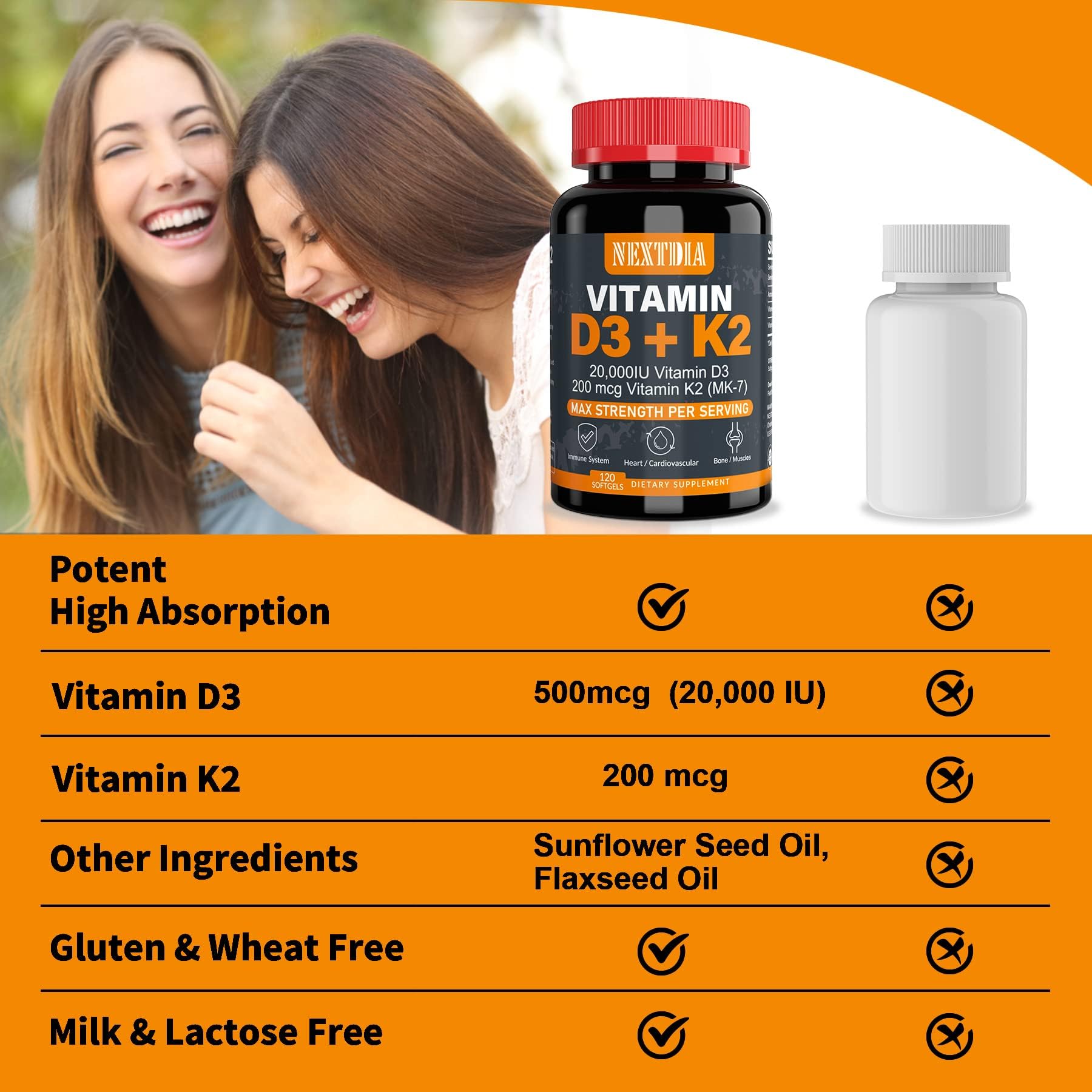 Vitamin D3 20,000 IU + K2( MK7 ) 200mcg - Optimal Level -Support Strong Bone & Muscle, Calcium Absorption, Teeth & Immune Health, Helping Vitamin D Deficiencies, Easy to Swallow, 240 Servings Softgel