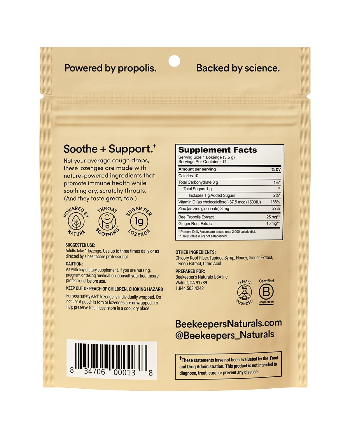 Beekeeper's Naturals Soothing Honey Ginger Lemon Cough Drops - Immune Support with Vitamin D, Zinc and Propolis Throat Soothing Lozenges, 14 Ct