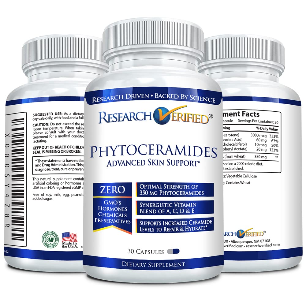 Research Verified 100% Pure Phytoceramides - 90 Capsules - 3 Month Supply - 100% Pure Wheat Extract Oil - with Vitamin E- #1 Wrinkles Fighter - 350mg