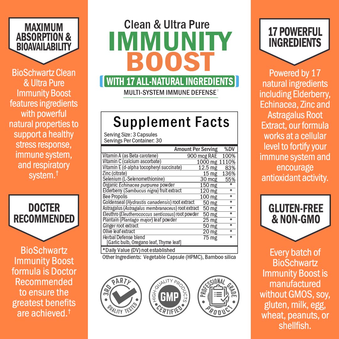 Immune Support Supplement with Vitamin C 1000mg Zinc Elderberry Extract Ginger Root Beta Carotenes, Immunity Boost for Adults, Natural Immune Defense Antioxidant Vitamins by BioSchwartz, 90 Capsules