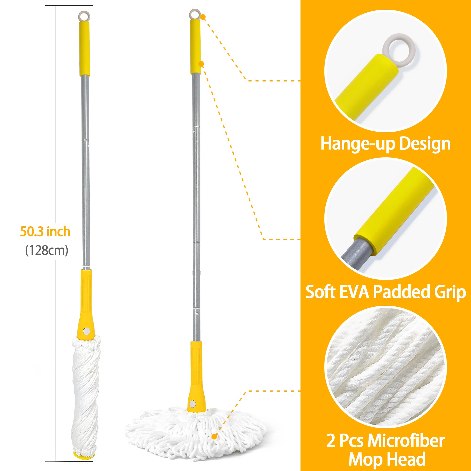 Self Wringing Mop with 2 Washable Heads, JEHONN Wet Mop for Floor Cleaning Heavy Duty, 51 Inch Long Handle Twist Mop for Hardwood Vinyl Tile Marble Laminate Home Office Kitchen (Yellow)