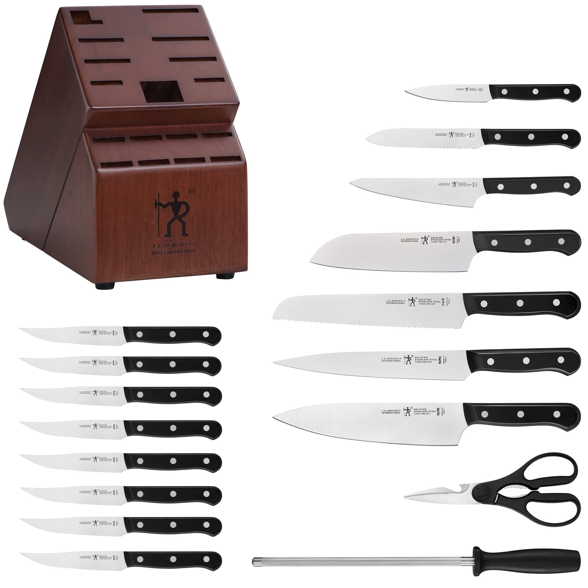 HENCKELS Solution Razor-Sharp 18-pc Knife Set, Chef Knife, Bread Knife, Steak Knife, German Engineered Informed by 100+ Years of Mastery, Brown