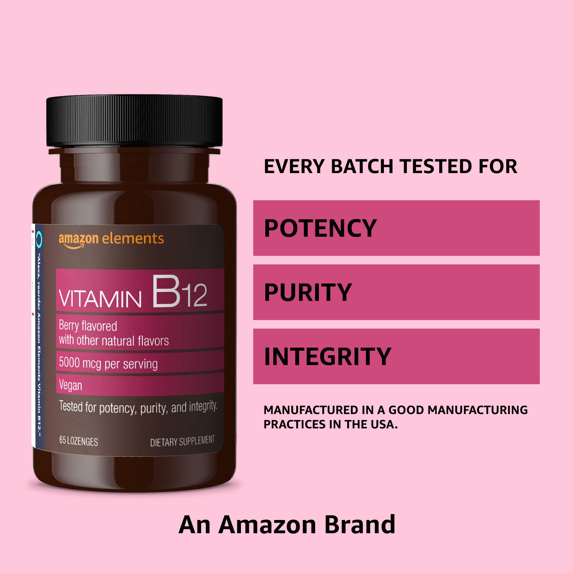 Amazon Elements Vitamin B12 Methylcobalamin 5000 mcg - Normal Energy Production and Metabolism, Immune System Support - 2 Month Supply, Berry Flavored Lozenges, 65 Count (Pack of 1)