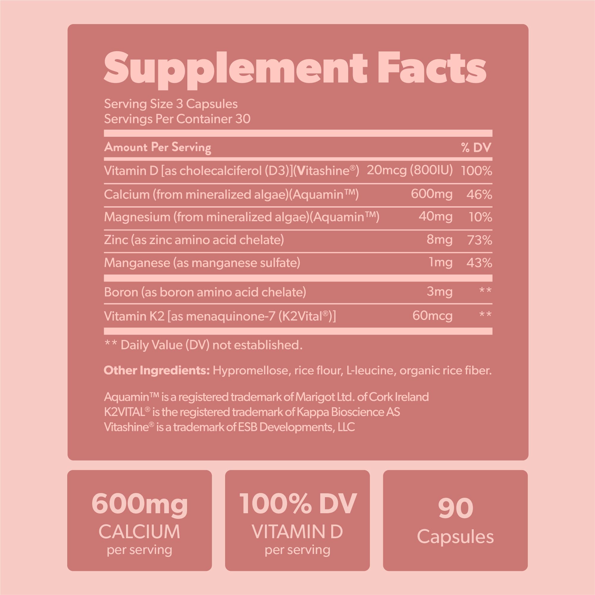 Calcium Supplement - Whole Food with Vitamin K2 & D3, Magnesium, Zinc, Boron, Mineral Complex. Sourced Sustainably from Red Algae. for Bone Strength and Support. Non-GMO & Vegan 90 Capsules.