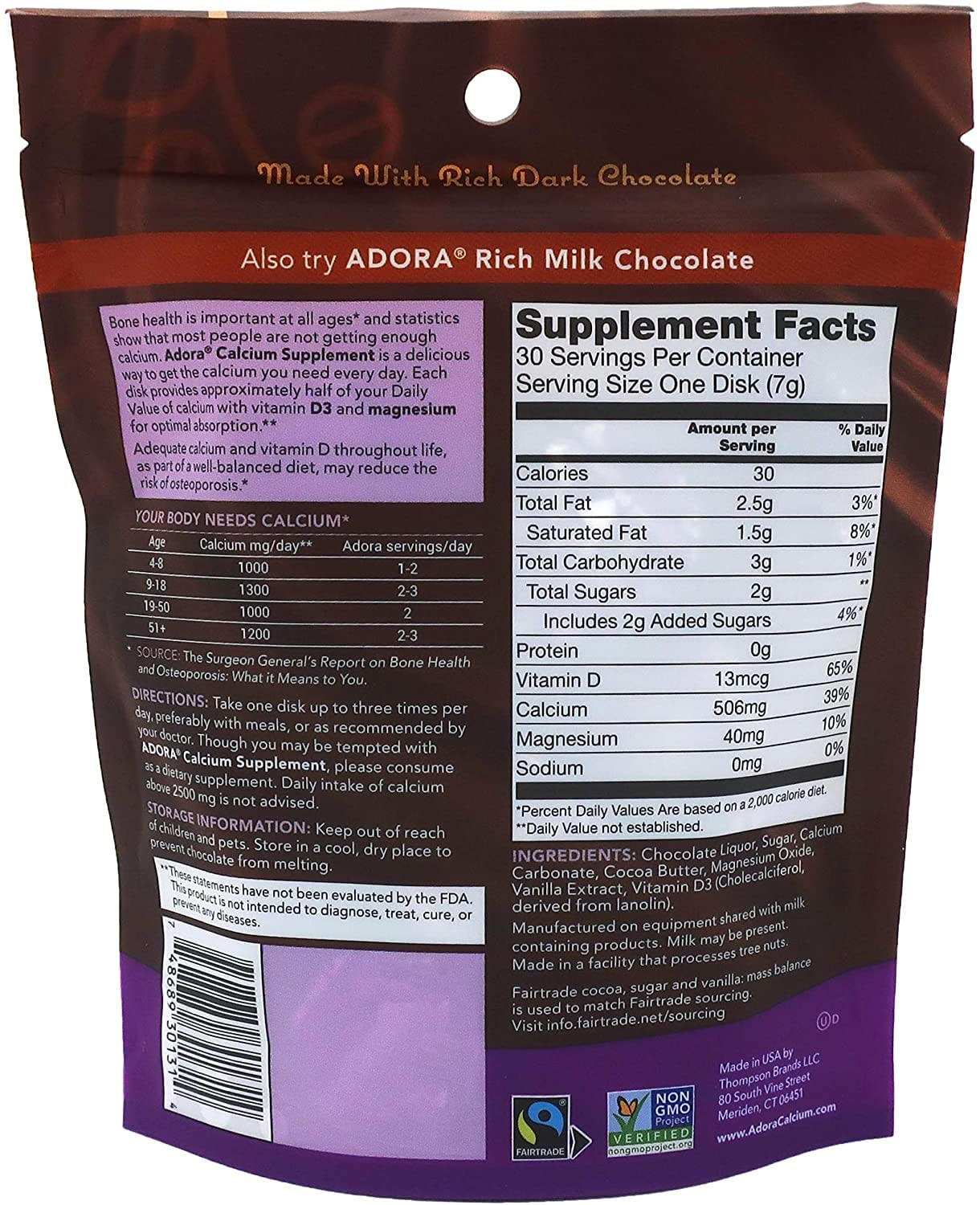 Adora - Calcium Supplement Dark Chocolate, 30 ct (Pack of 6)