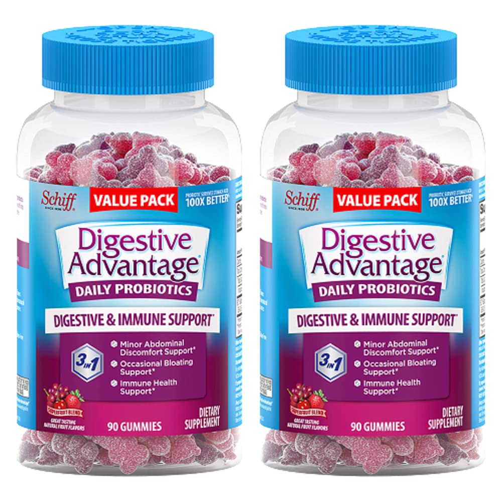 Digestive Advantage Probiotic Gummies for Digestive Health, Daily Probiotics for Women & Men, Support for Occasional Bloating, Minor Abdominal Discomfort & Gut Health, 2x90ct Bottles Superfruit