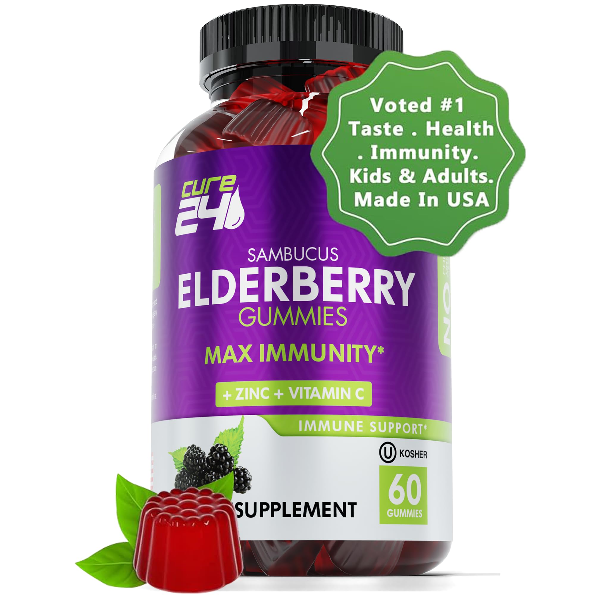 Cure24 Sambucus Elderberry Gummies for Adults & Kids, Black Elderberry Vitamin c and zinc Supplements, Triple Immune Support Supplement, 60 Chews, Made in USA