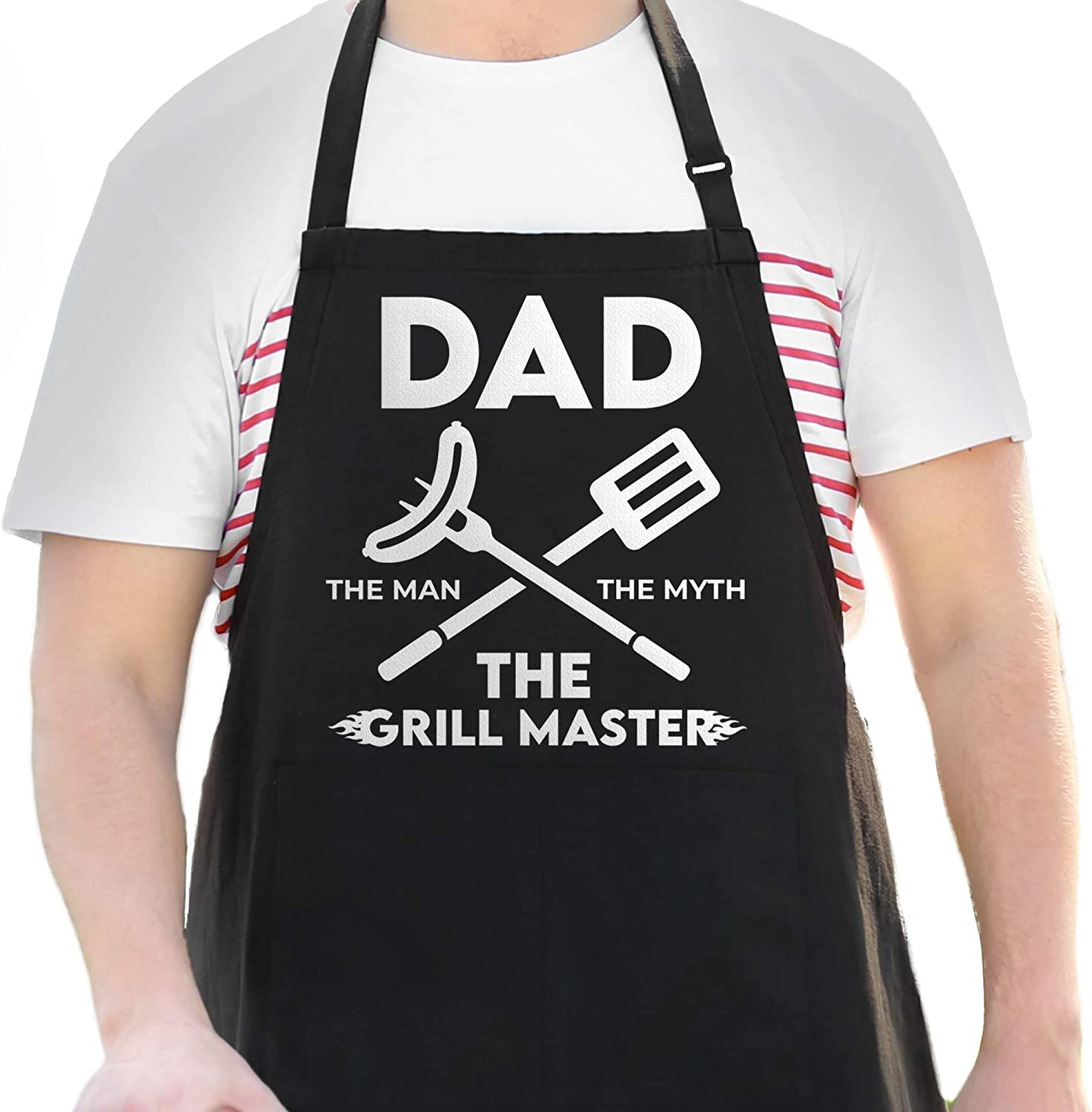 APRON DADDY Apron for Men - Dad The Man The Myth The Grill Master - Adjustable Large 1 Size Fits All - Poly/Cotton Apron with 2 Pockets - BBQ Gift Apron for Father, Husband, Chef