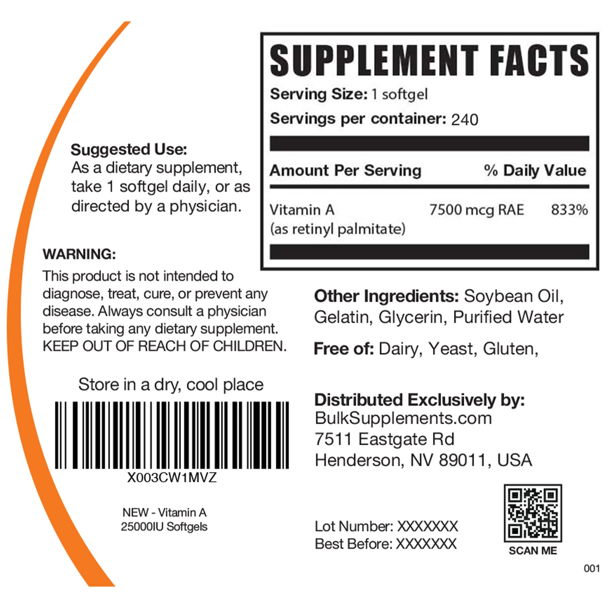 BULKSUPPLEMENTS.COM Vitamin A 25000 IU Softgels - Vitamin A Retinyl Palmitate, Vitamin A Pills - Vitamin A Supplement, Eye Supplements - Gluten Free, 1 Softgel per Serving, 240 Softgels