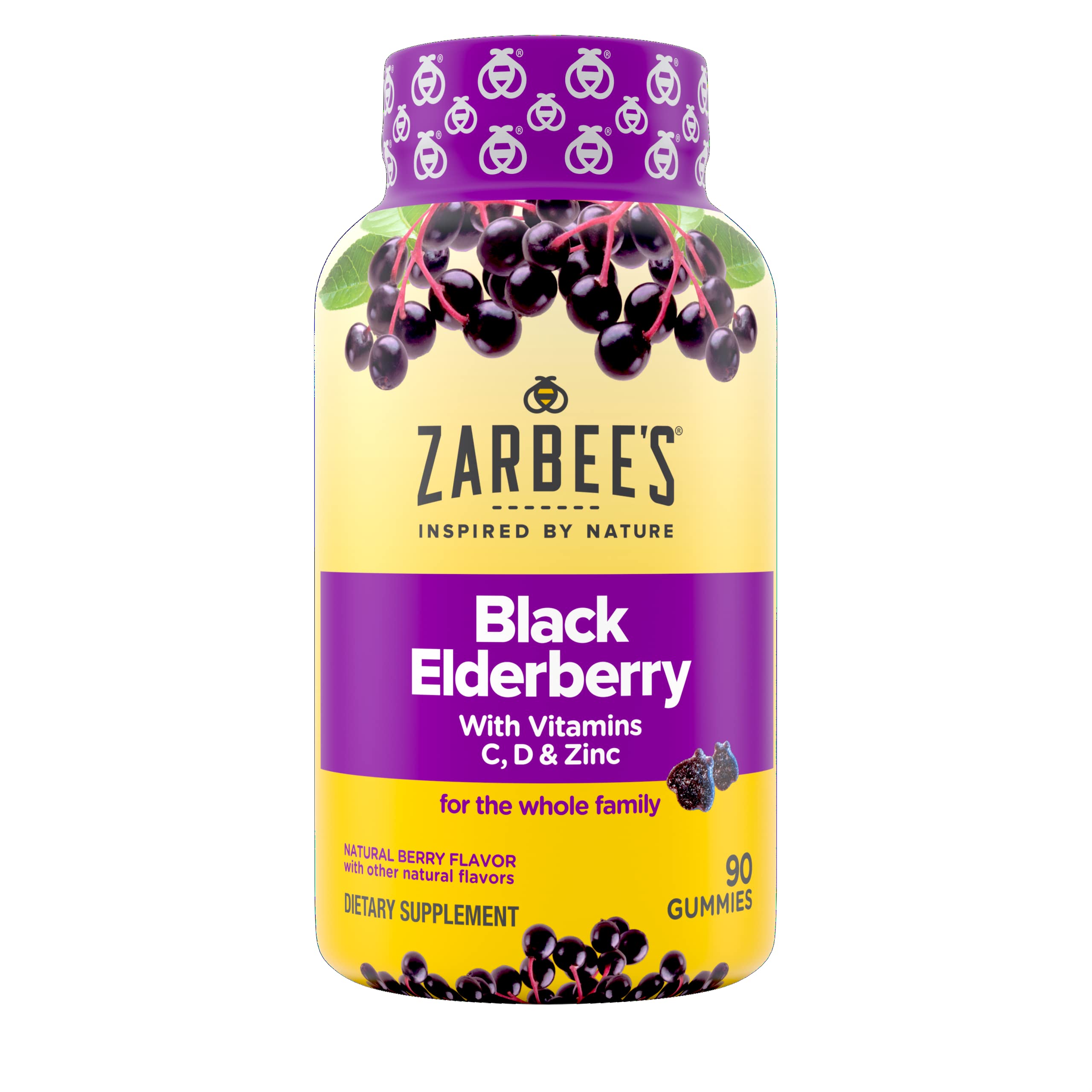 Zarbee's Immune Support Gummies for The Whole Family, Elderberry, Vitamins C, D & Zinc, Natural Berry, 90 Count