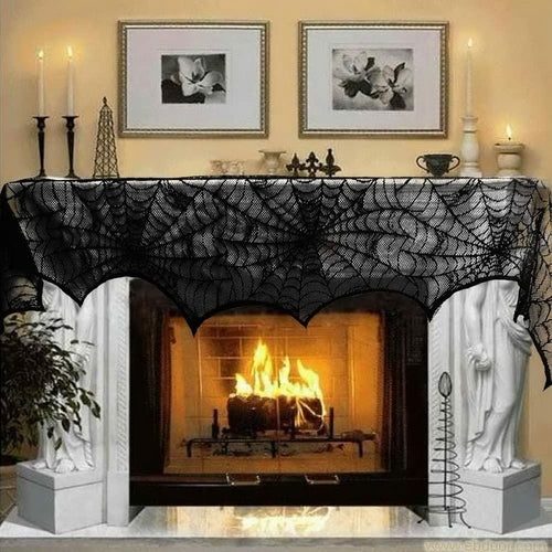 Halloween Decoration Black Lace Spiderweb Fireplace Mantle Scarf Cover