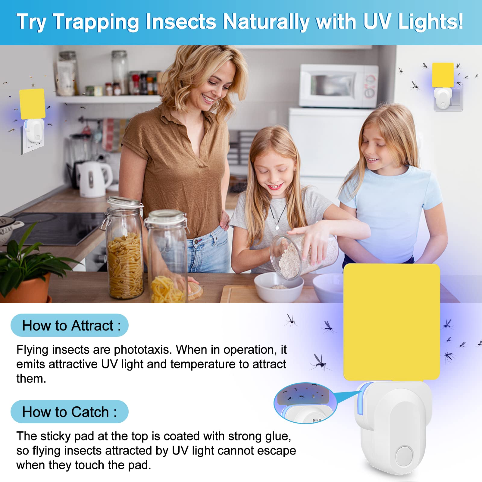 Flying Insect Trap Plug-In, 2023 Upgrade Mosquito Trap Gnat Killer Indoor, Safe Non-Toxic UV Light Attractant Indoor Plug-In Night Light Fly Trap with Sticky Pad for Flies, Gnats, Moths(1 Pack, White)