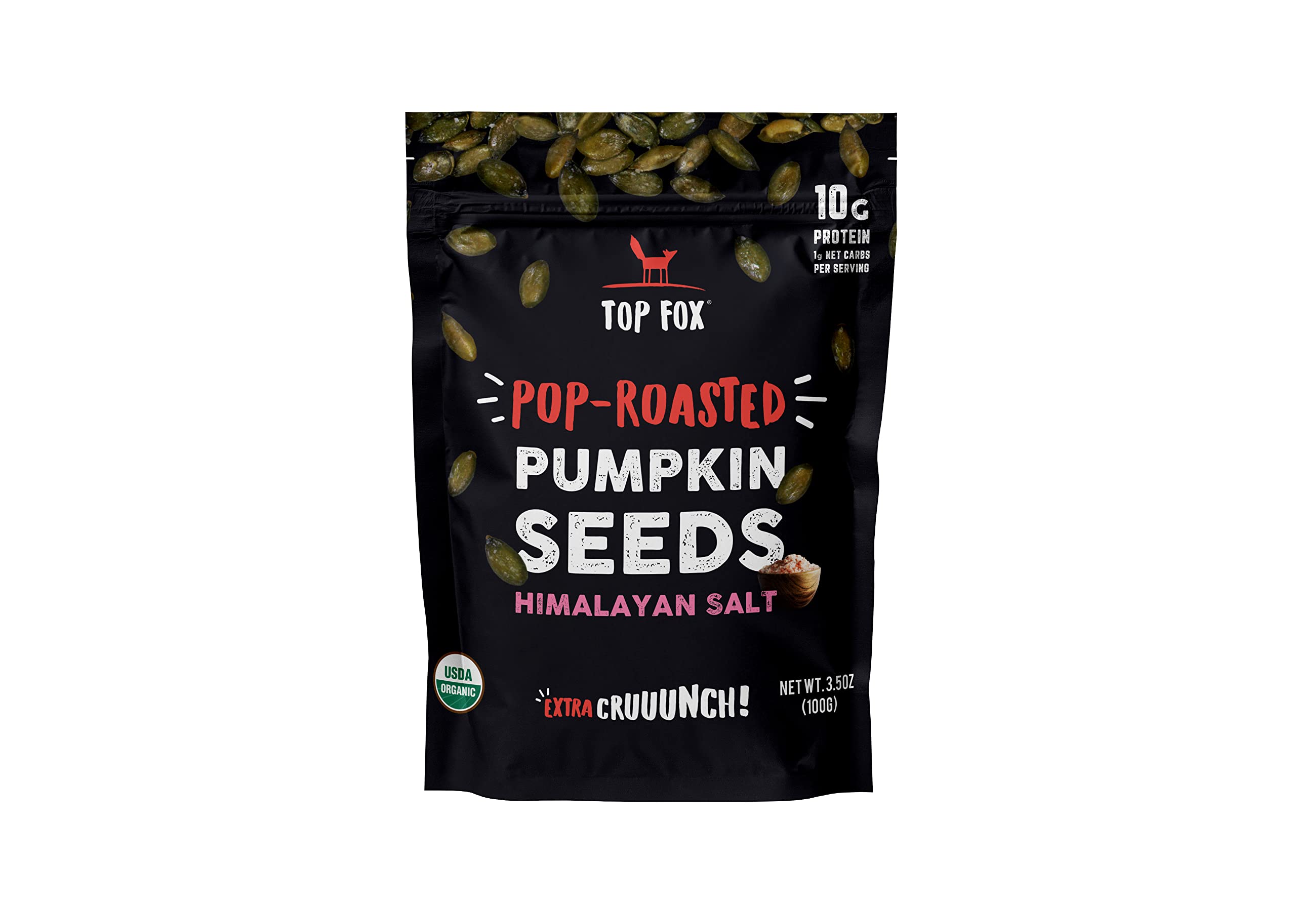 Top Fox Snacks - Organic Pop-Roasted Pumpkin Seeds | Healthy Protein Snacks - Gluten Free - Keto and Vegan Friendly (Himalayan Salt, 3.5 oz - 2 Pack)