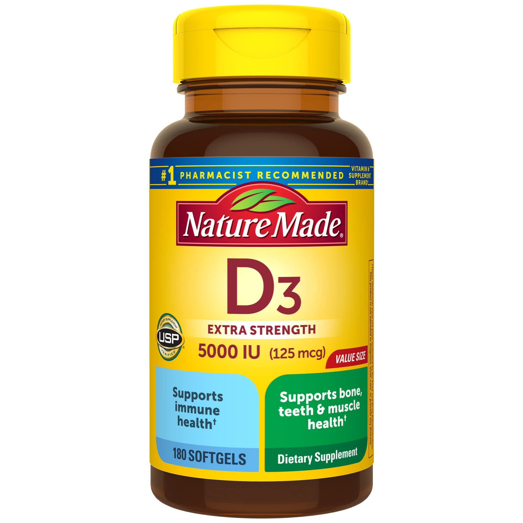 Nature Made Extra Strength Vitamin D3 5000 IU (125 mcg), Dietary Supplement for Bone, Teeth, Muscle and Immune Health Support, 180 Softgels, 180 Day Supply