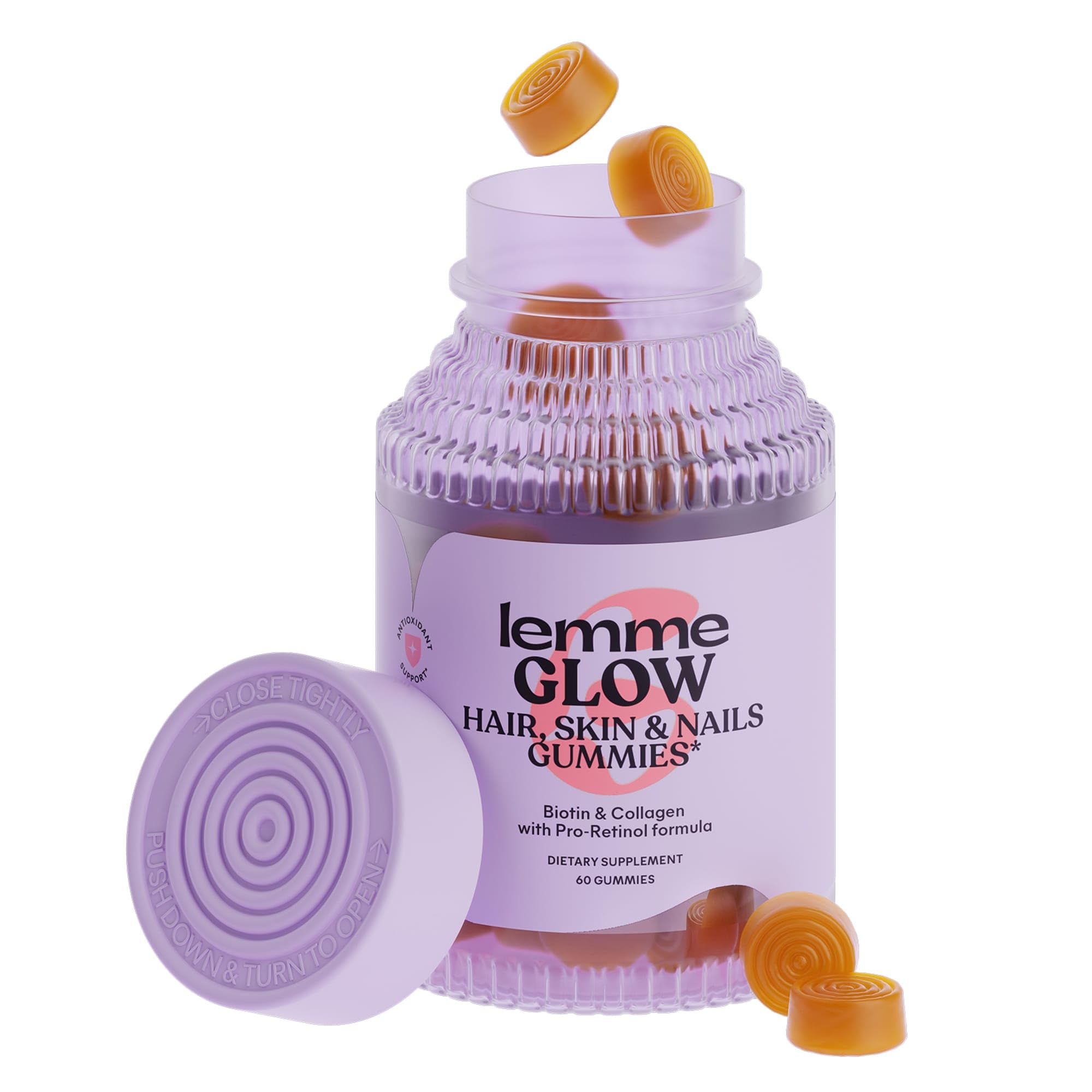 Lemme Glow Collagen Hair Gummies for Strong, Thick Hair & Reduced Shedding with Multi-Collagen Peptides, Biotin, Trace Minerals, Zinc, Vitamins A, C & E, Dairy & Gluten Free, Peach Flavor, 60 ct.