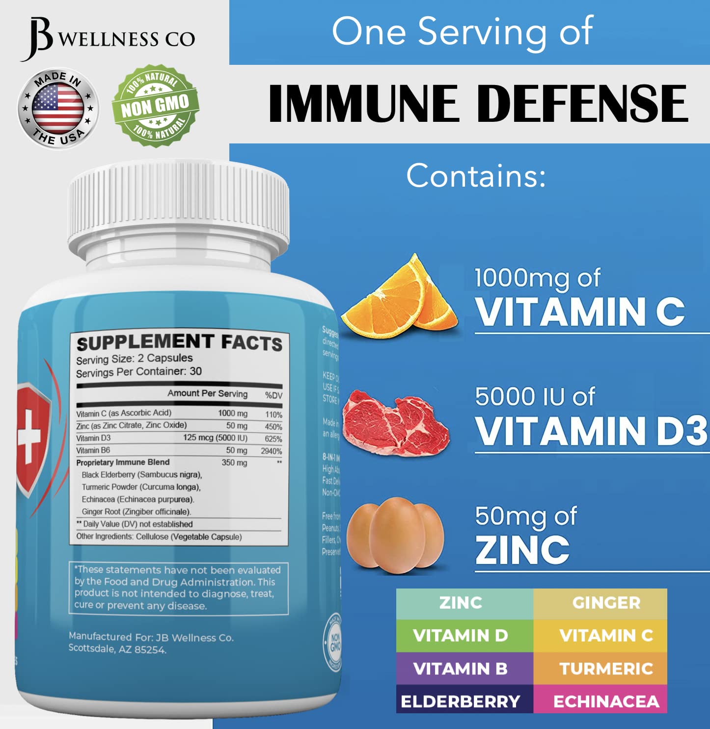 JB WELLNESS CO Immune Support 8 in 1 Capsules - Zinc Supplement, Vitamin D3 5000 IU, Vitamin C 1000MG and Elderberry - Immune Booster Ginger Root, and Turmeric - [2-Pack]