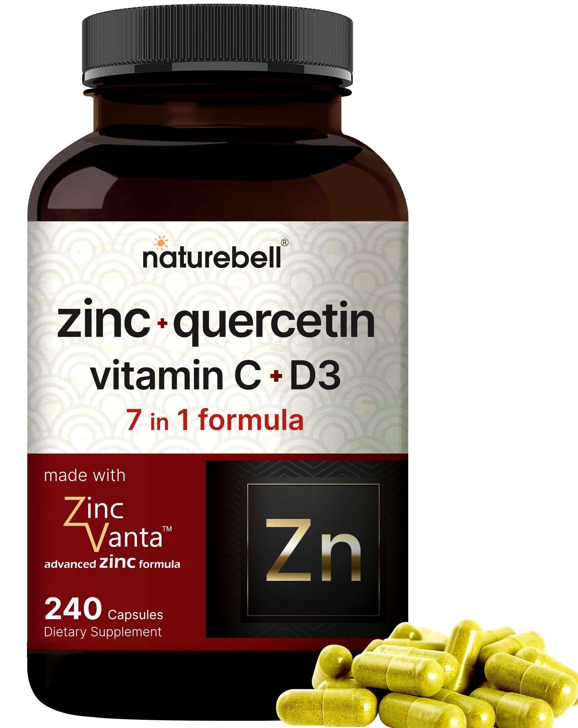 NatureBell Zinc Quercetin with Vitamin C & D3, 180 Capsules | Quercetin 1,000mg, 4 in 1 Zinc 50mg, Vitamin C 250mg, Vitamin D3 5,000 IU – ZincVanta Advanced Immune Defense & Lung Support