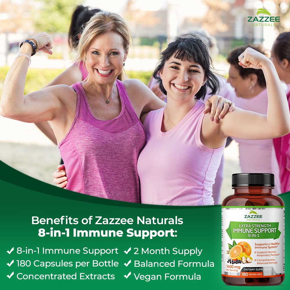 Zazzee Extra Strength 8-in-1 Immune Support, 1400 mg per Capsule, 180 Vegan Capsules, 1000 mg Vitamin C, 1000 IU mg D3, Zinc, Elderberry, Echinacea, Goldenseal, Turmeric and Astragalus, All-Natural