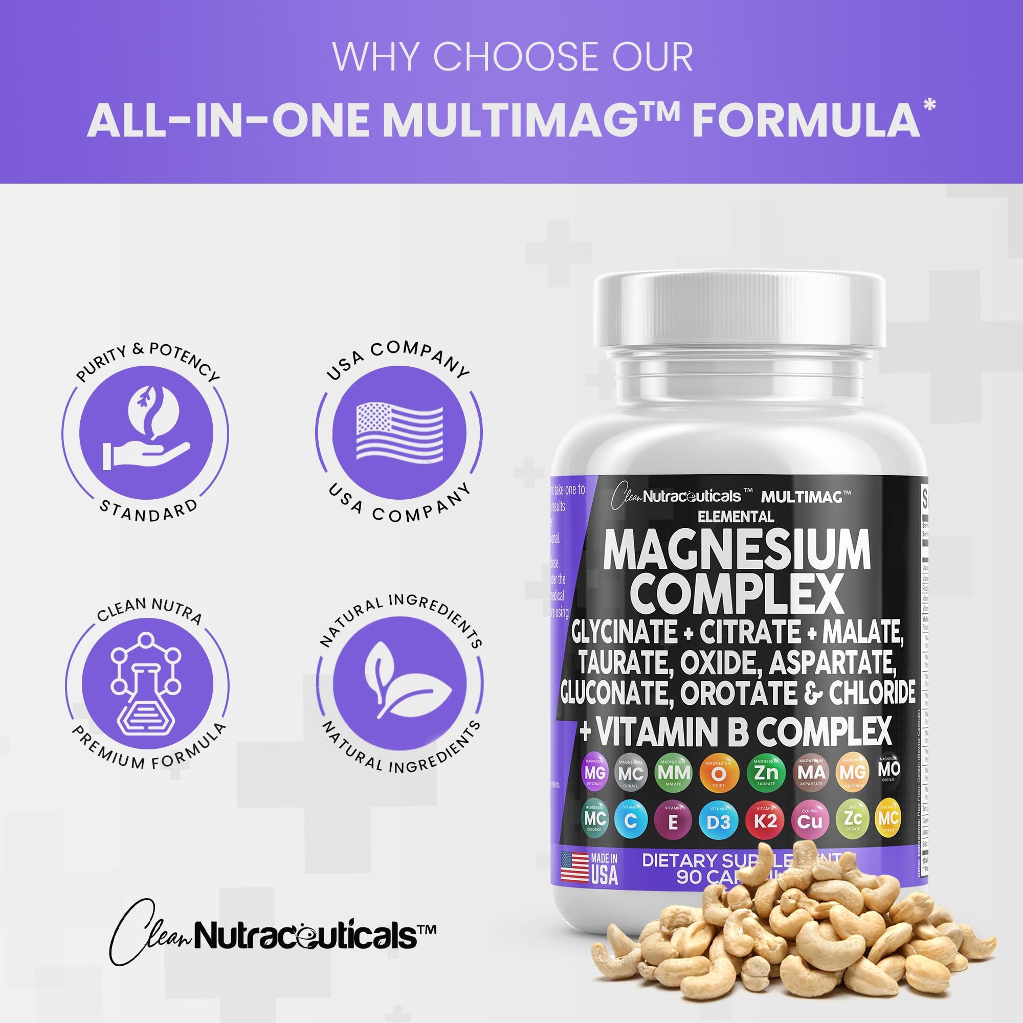 Magnesium Complex 2285mg with Glycinate Citrate Malate Oxide Taurate Aspartate Gluconate Orotate & Mag Chloride, Zinc Copper Manganese Vitamin C B1 B2 B6 B12 - 90 Count