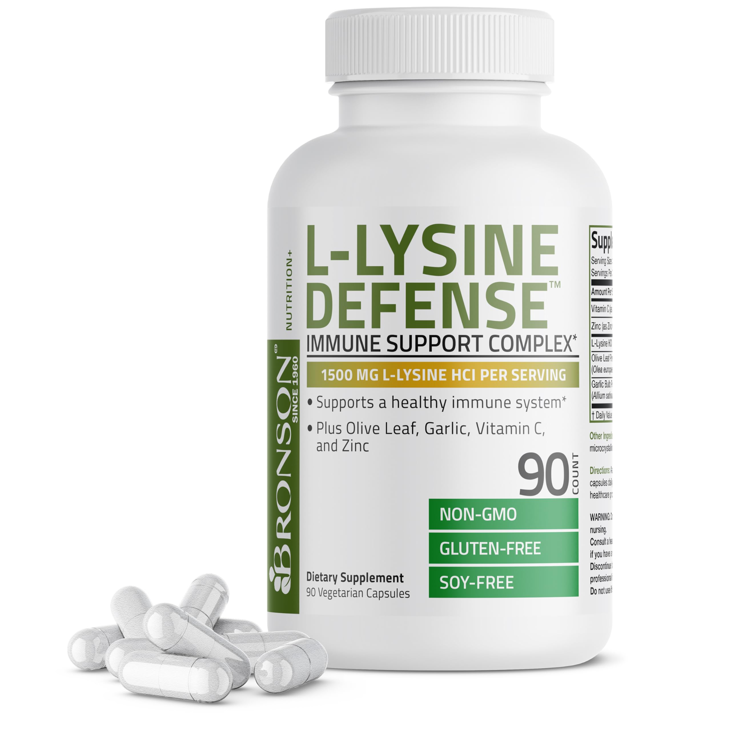 Bronson L-Lysine Defense Immune Support Complex 1500 MG L-Lysine Plus Olive Leaf, Garlic, Vitamin C and Zinc - Non-GMO, 90 Vegetarian Capsules