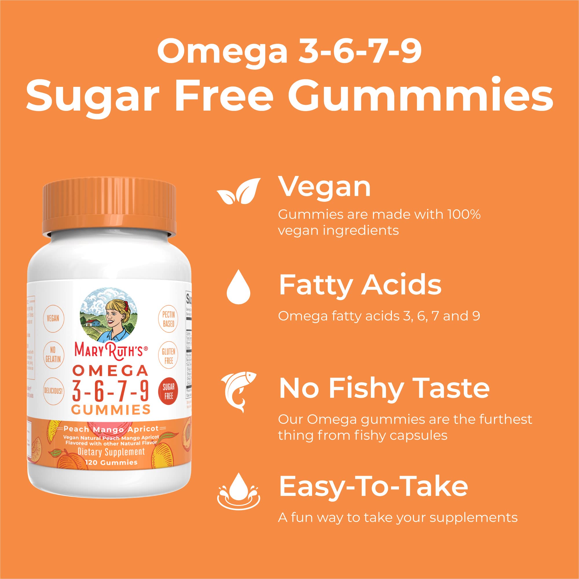 Vegan Omega 3 6 7 9 Gummies by MaryRuth's | Up to 4 Month Supply | Omega 3 Supplement with Flaxseed Oil | Omega 3 Gummies for Immune Support, Heart Health | No Fish Taste | Non-GMO | 120 Count