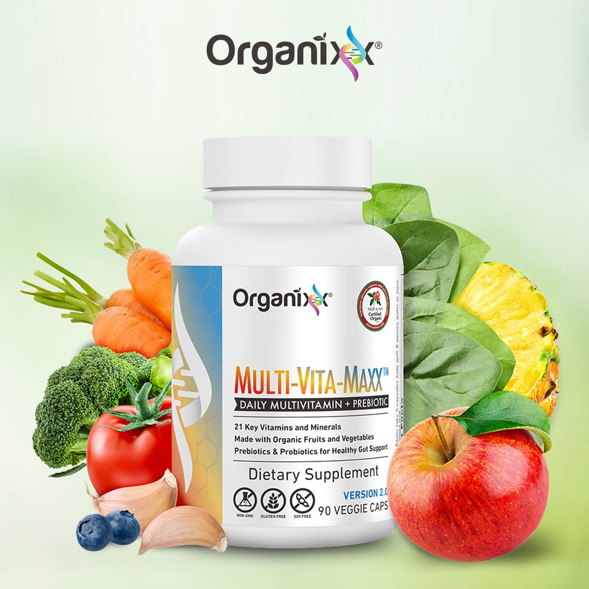 Organixx Multi-Vita-Maxx Whole Food Multivitamin Vegan Fermented Vitamin Supplement with Organic Fruits and Veggies, Digestive Health and Immune Support, Maximum Bioavailability, 90 Gel Capsules