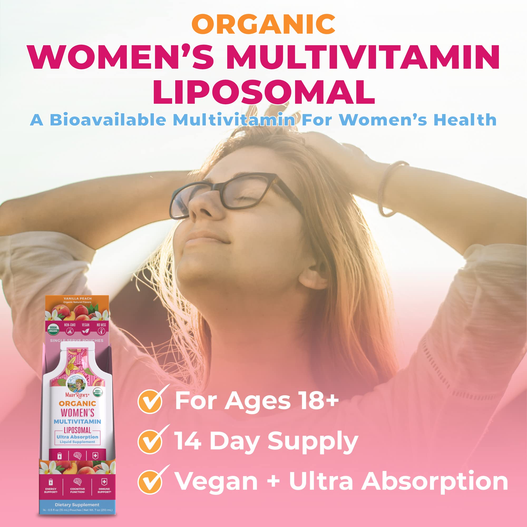 MaryRuth's Multivitamin for Women | USDA Organic | Sugar Free Womens Multivitamin Liposomal | Liquid Vitamins for Women | Immune Support Supplement & Overall Wellness | Vegan | 14-0.5 Fl Oz Pouches