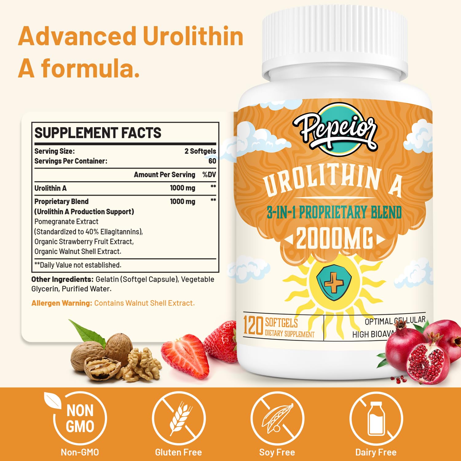 Urolithin A Supplement 2000MG - for Mitochondria, Energy, Antioxidants, Premium Quality Cellular, 120 Softgels (2 Bottles)