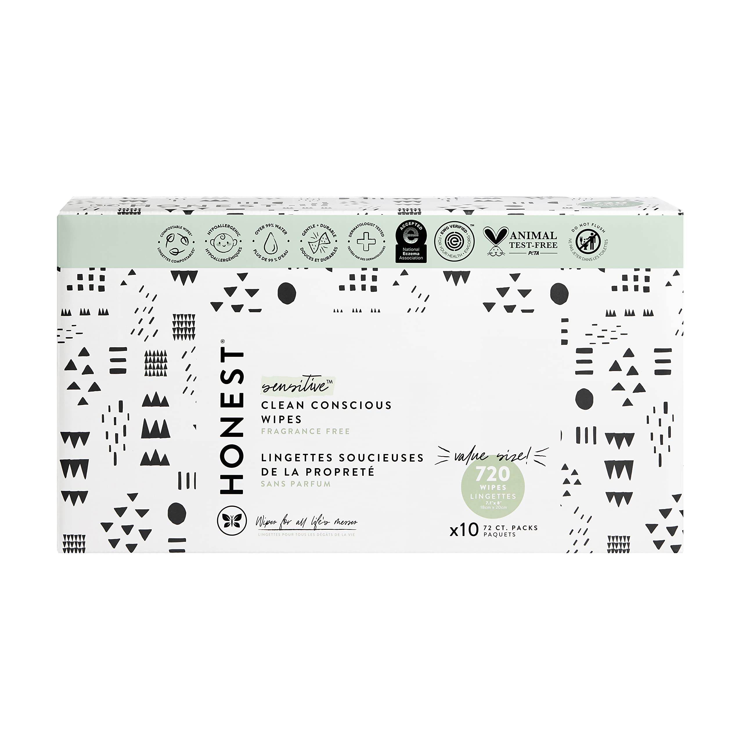 The Honest Company Clean Conscious Wipes | 99% Water, Compostable, Plant-Based, Baby Wipes | Hypoallergenic, EWG Verified | Pattern Play, 720 Count