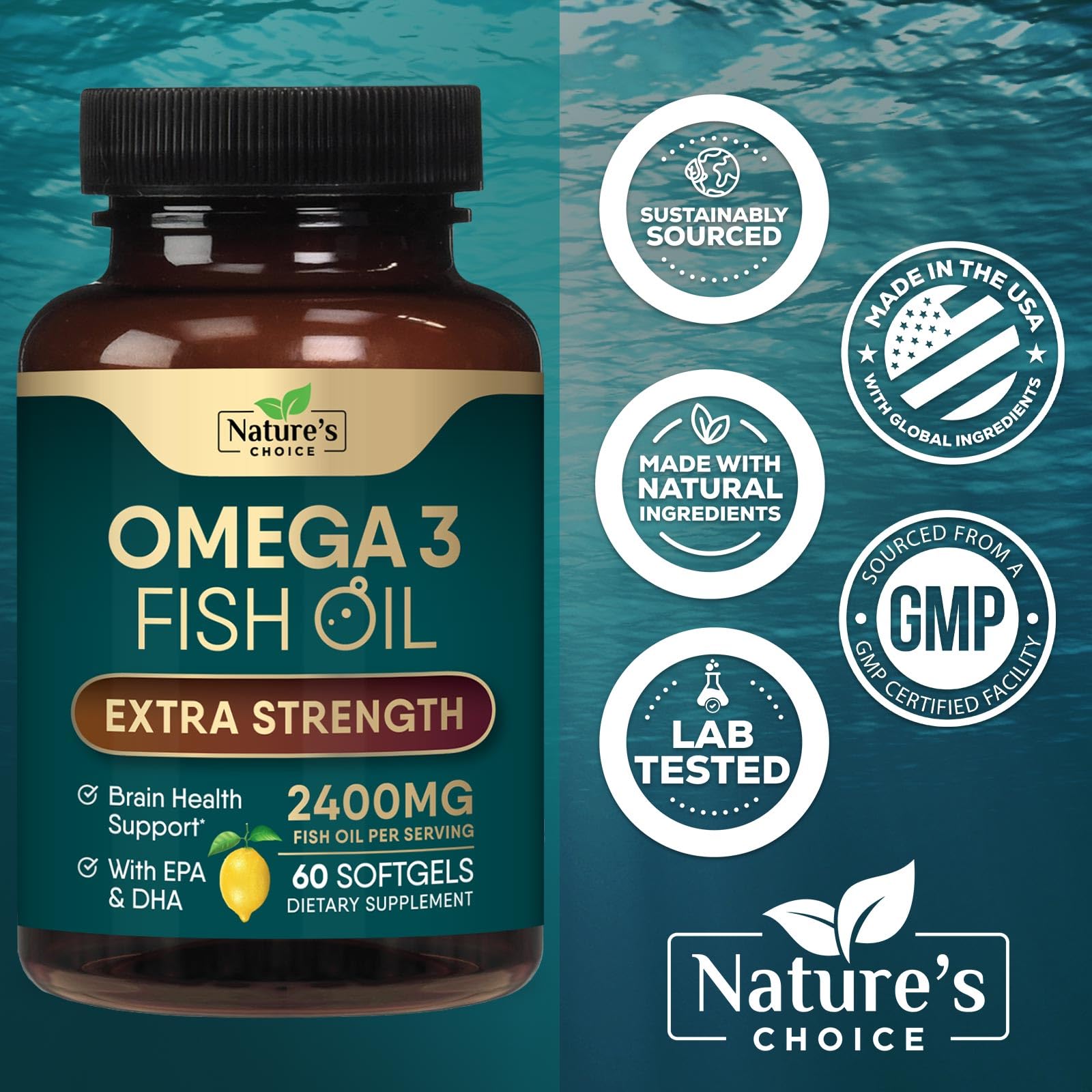 Fish Oil 2400 mg Softgels, Extra Strength Omega 3 Fish Oil with High EPA & DHA, Supports Heart Health, Nature's Brain & Immune Support, Non-GMO Omega-3 Fatty Acids Soft Gels Supplement - 60 Softgels