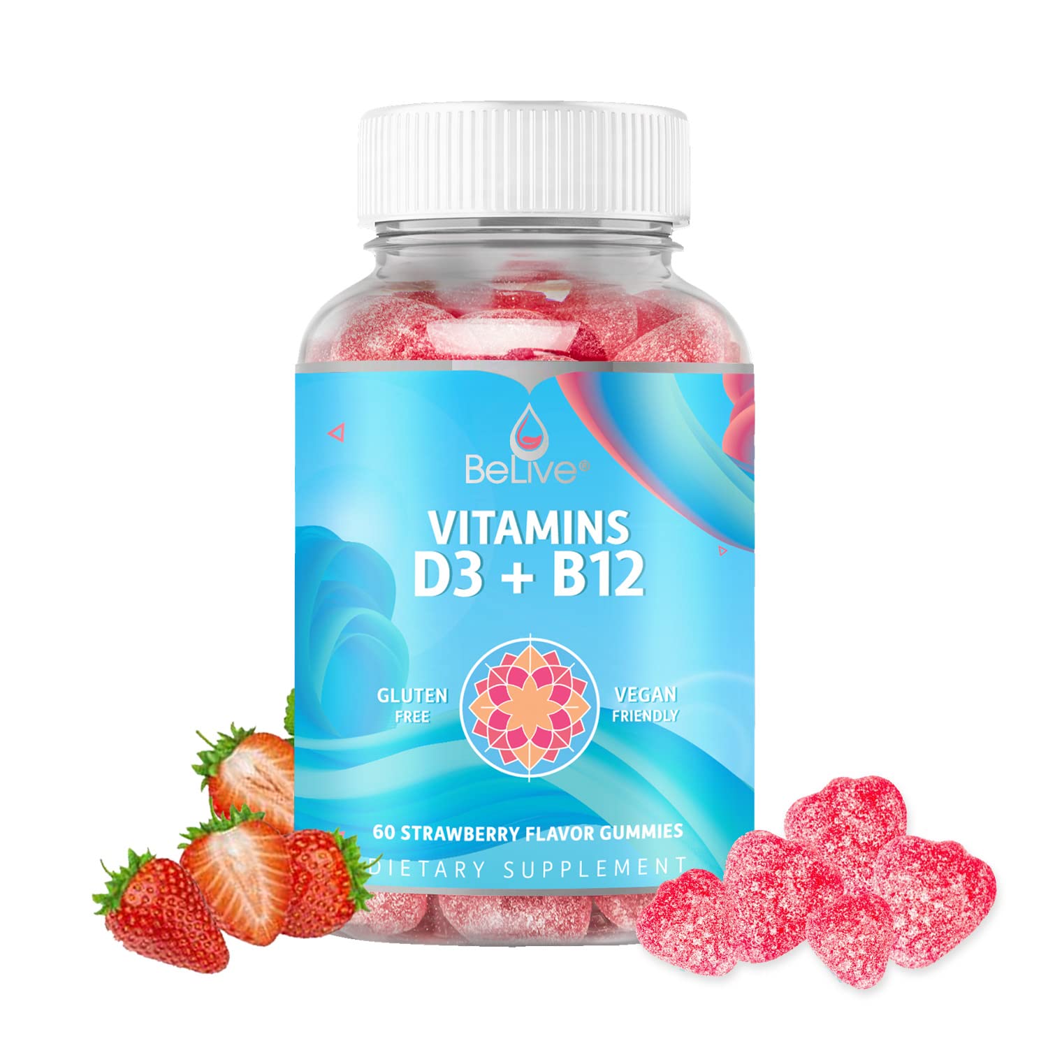 BeLive Vitamin D3 Gummies with B12 Vitamins - 60 Ct I Immune Support Gummies with Vegan Vitamin B12 & D3, Provides Enhanced Bone & Muscle Strength, Hearth Health and Energy - Strawberry Flavor