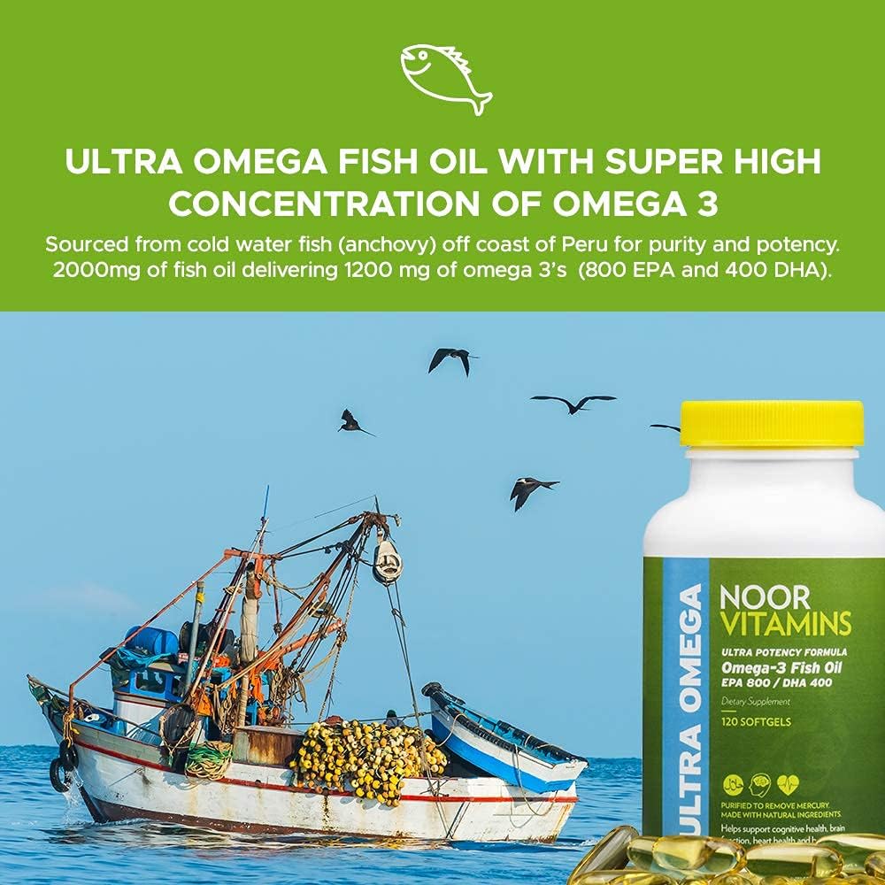 Noor Vitamins Halal Fish Oil, Halal Vitamins, Fish Oil Halal, Ultra Omega 3 Wild Peruvian Fish Oil (800 mg EPA & 400 mg DHA) Heart, Brain & Joint Support, Non-GMO & Gluten Free (120 count)