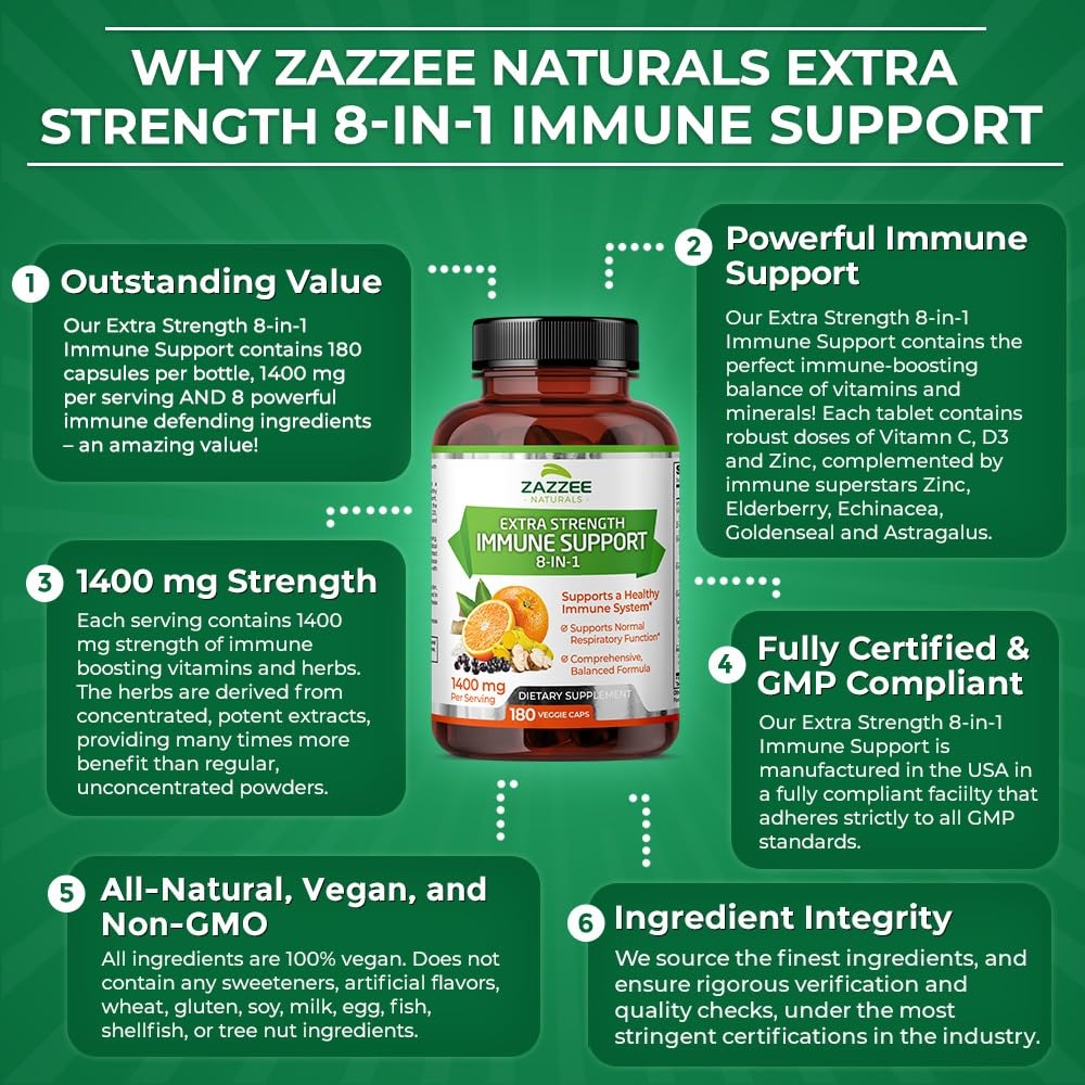 Zazzee Extra Strength 8-in-1 Immune Support, 1400 mg per Capsule, 180 Vegan Capsules, 1000 mg Vitamin C, 1000 IU mg D3, Zinc, Elderberry, Echinacea, Goldenseal, Turmeric and Astragalus, All-Natural