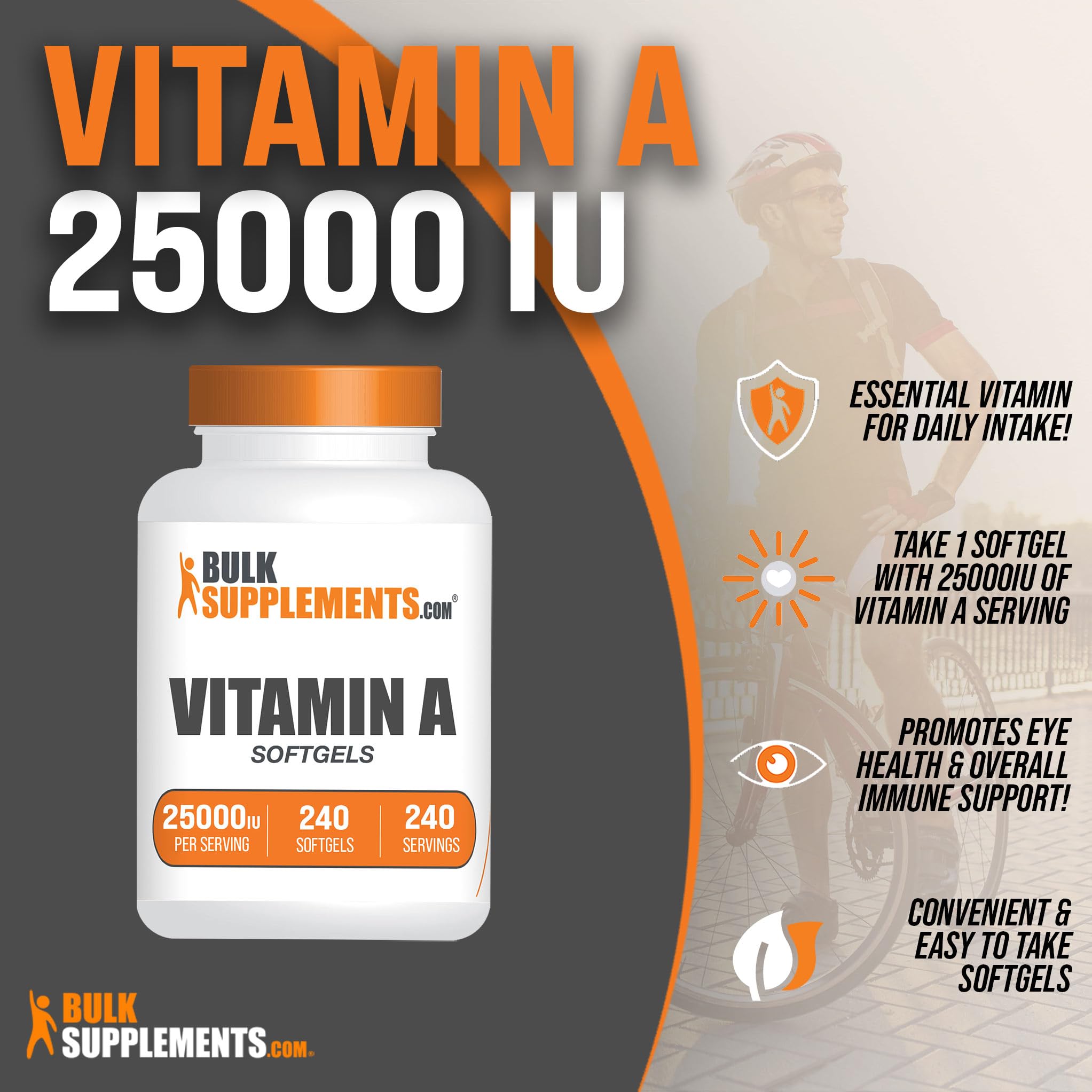 BULKSUPPLEMENTS.COM Vitamin A 25000 IU Softgels - Vitamin A Retinyl Palmitate, Vitamin A Pills - Vitamin A Supplement, Eye Supplements - Gluten Free, 1 Softgel per Serving, 240 Softgels