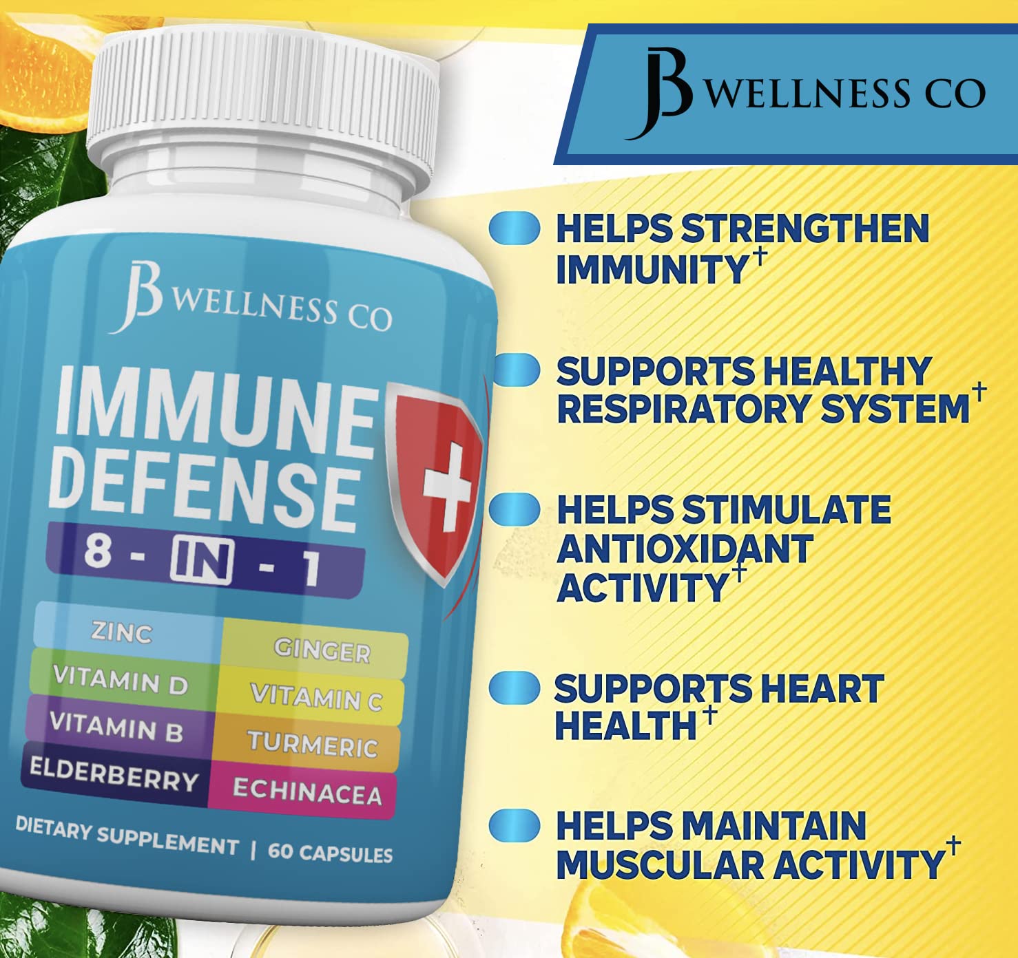 JB WELLNESS CO Immune Support 8 in 1 Capsules - Zinc Supplement, Vitamin D3 5000 IU, Vitamin C 1000MG and Elderberry - Immune Booster Ginger Root, and Turmeric - [2-Pack]