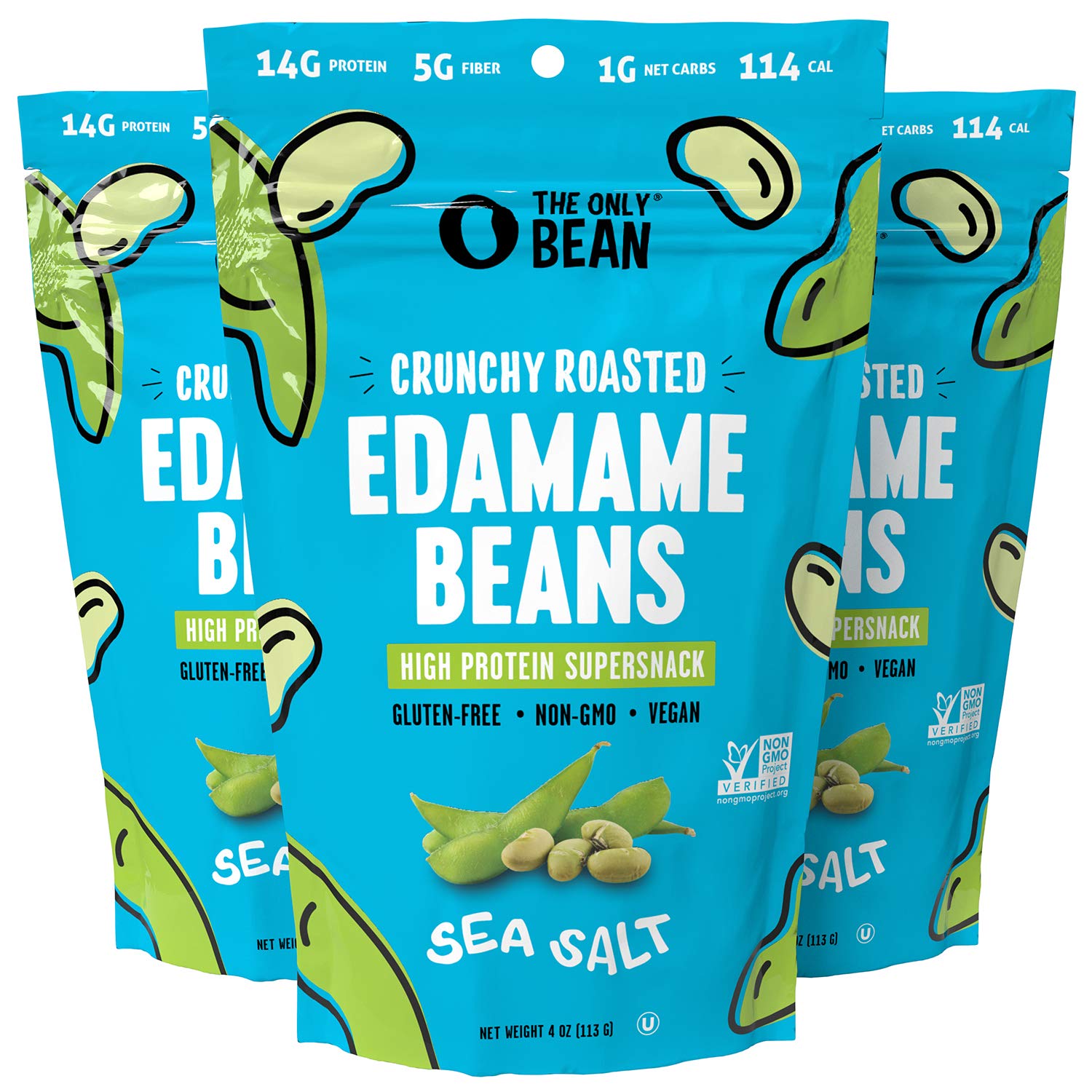 The Only Bean - Crunchy Roasted Edamame Beans (Sea Salt) - Keto Snacks (2g Net) - High Protein Healthy Snacks (14g Protein) - Low Carb & Calorie, Gluten-Free Snack, Vegan Keto Food - 4 oz (3 Pack)