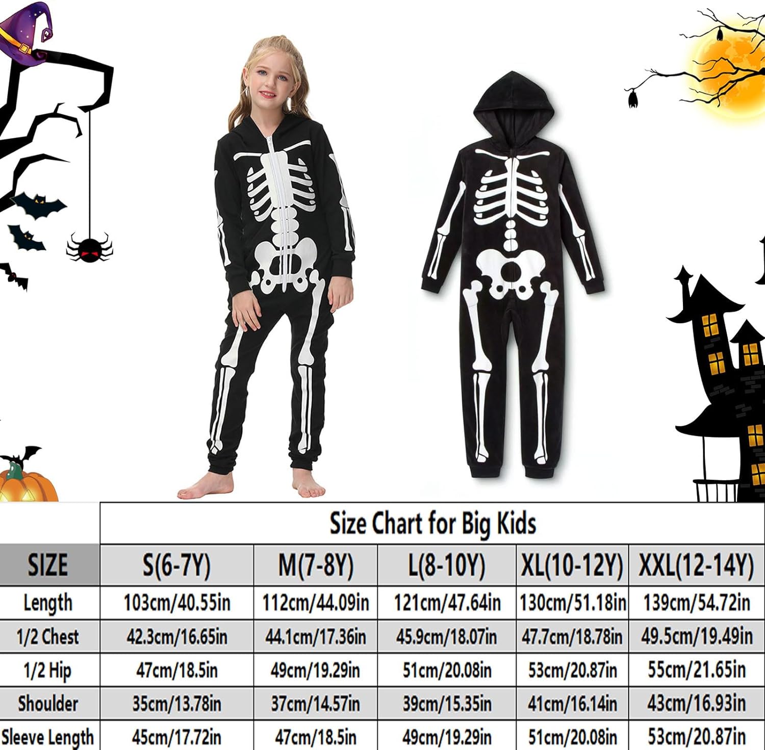 Jobakids Unisex Kids Halloween Costume Skeleton with Glow Hoodie Onesie Kids Small 6-8 Years