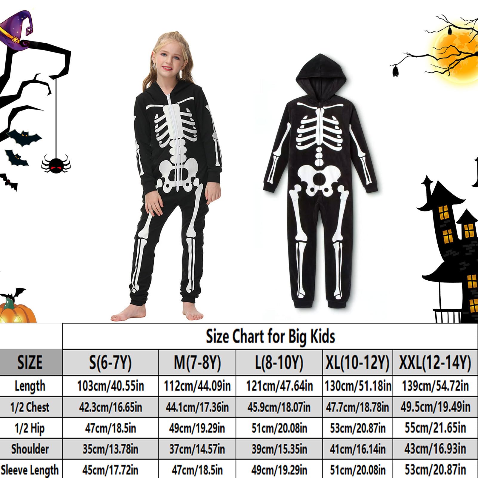 Jobakids Unisex Kids Halloween Costume Skeleton with Glow Hoodie Onesie Kids Small 6-8 Years