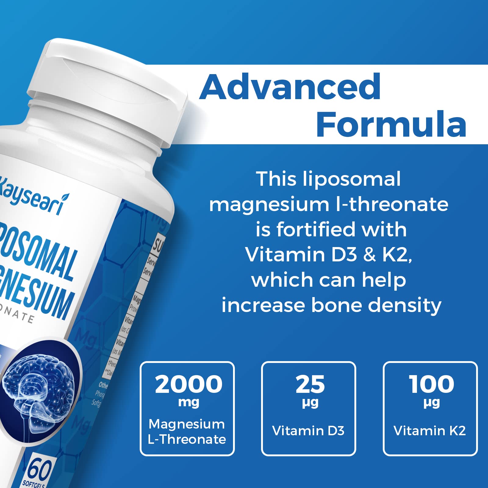 Liposomal Magnesium L-Threonate 2000mg-High Absorption-Magnesium Threonate Supplements with Vitamin D3 & K2 for Women,Men,60 Magnesium L Threonate Capsules for Brain,Memory,Cognition,Bone,Muscle