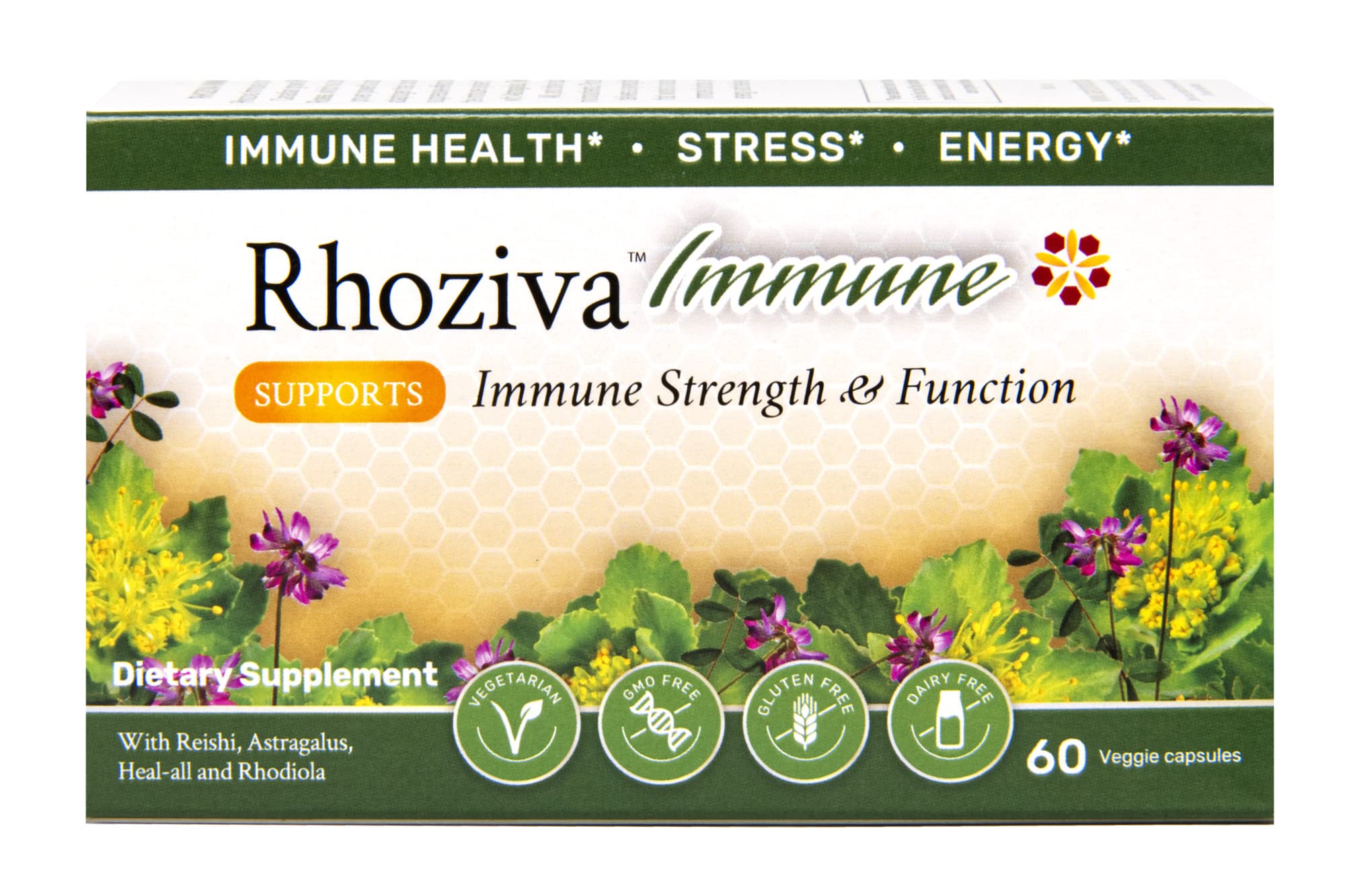 Rhoziva Immune. Immune System Booster Supplement, Stress & Energy Support. Rhodiola Rosea, Reishi Mushroom Extract, Astragalus, Prunella. Vitamins & Minerals. 60 Capsules. (Pack of 1)