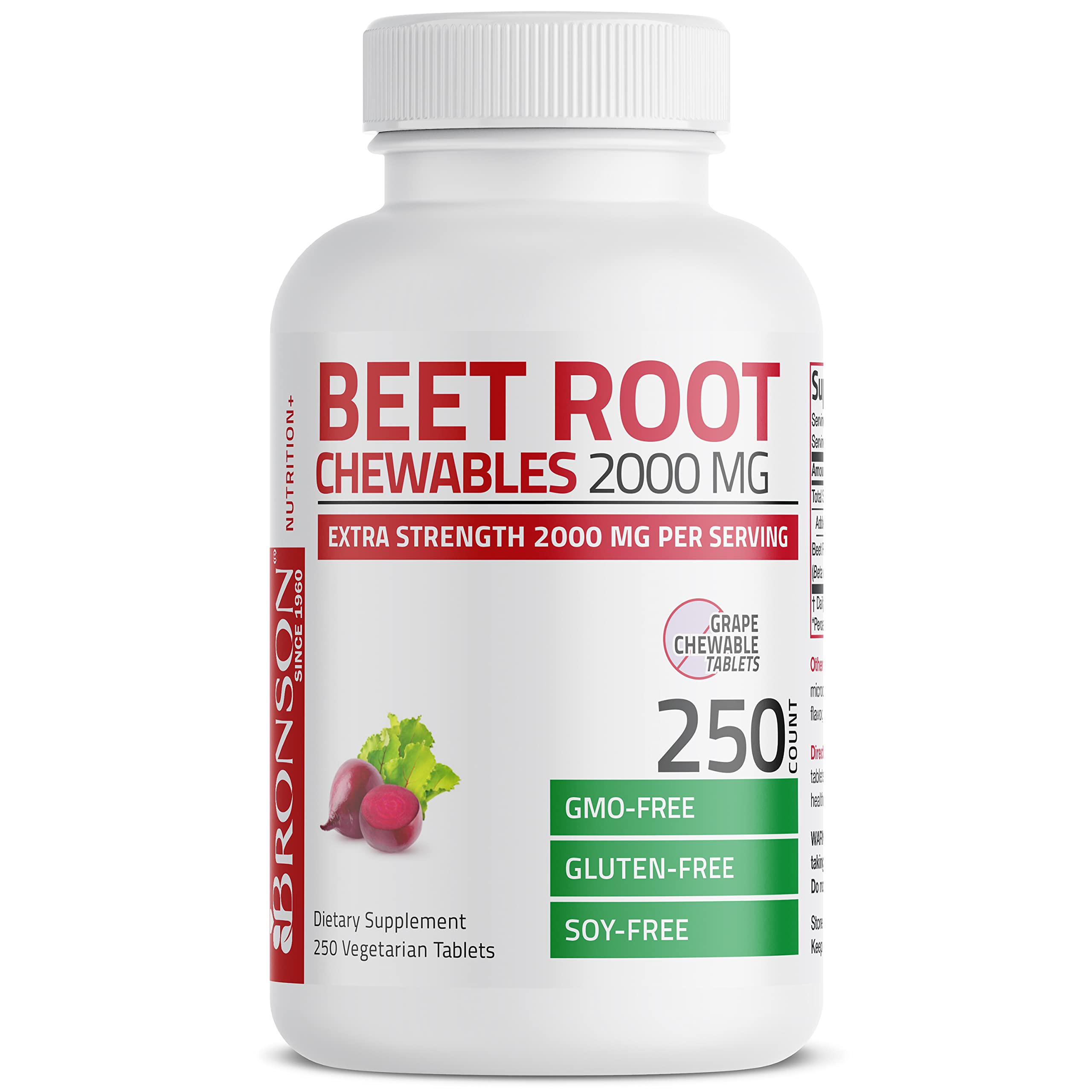 Bronson Beet Root Chewables 2000 MG, Grape Flavored - Extra Strength 2000 MG Per Serving Circulation Support Heart Health & Stamina, Non-GMO, 250 Vegetarian Grape Flavored Chewable Tablets