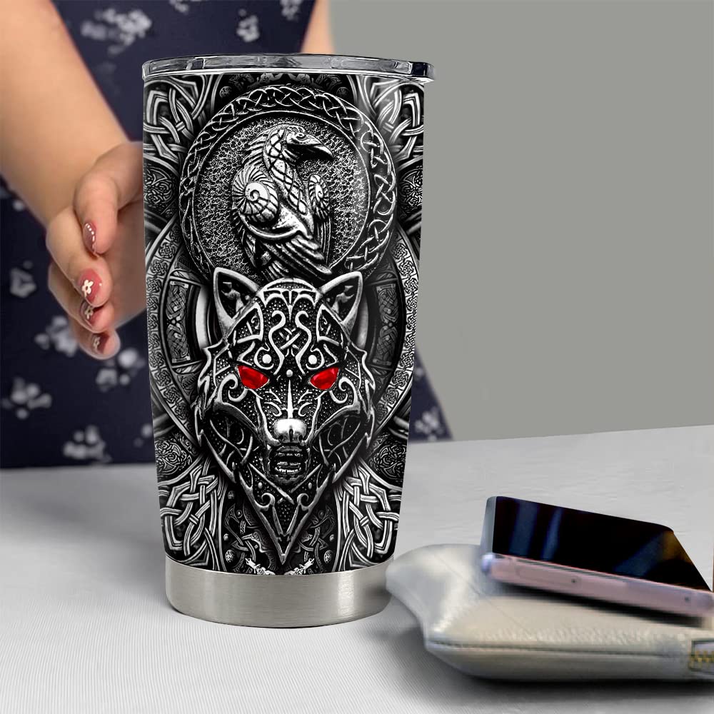 SANDJEST Personalized Wolf Tumbler Raven Viking 20oz 30oz Tumblers with Lid Gift for Men Dad Son Father Husband Christmas Birthday