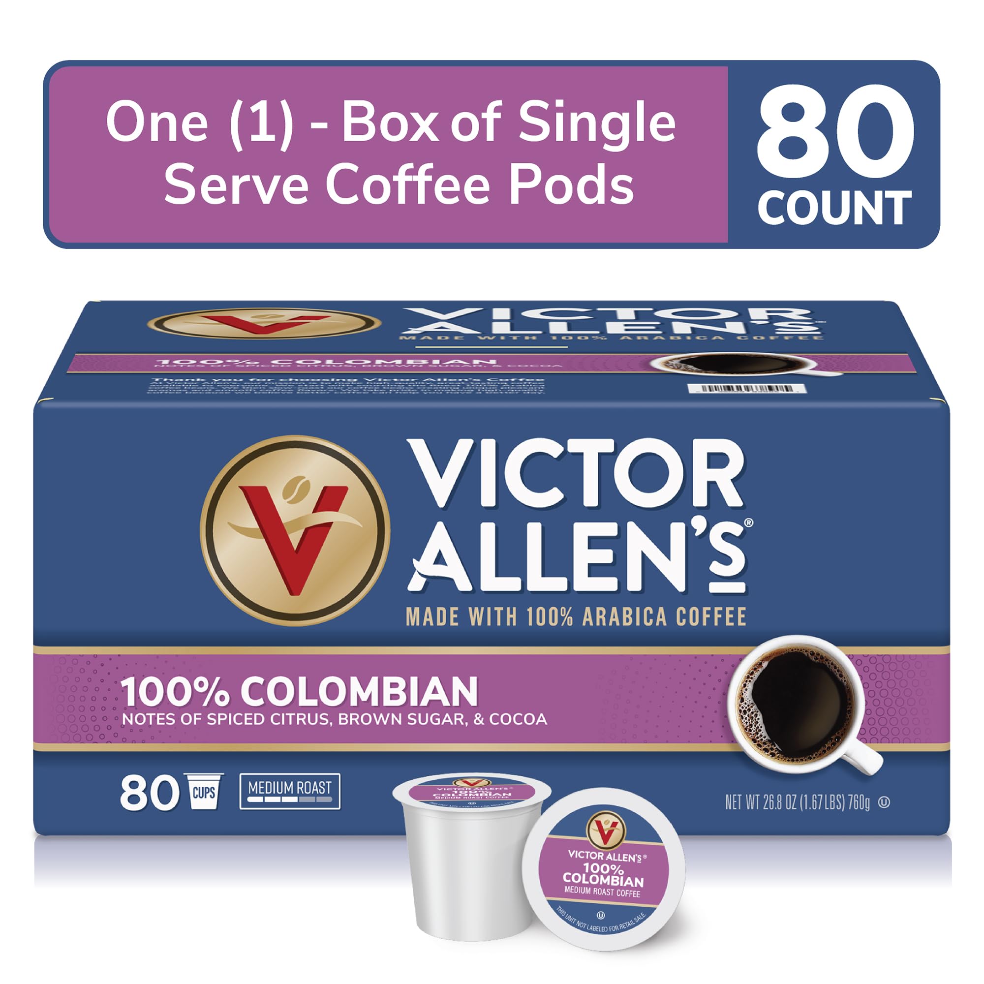 Victor Allen's Coffee 100% Colombian, Medium Roast, 80 Count, Single Serve Coffee Pods for Keurig K-Cup Brewers