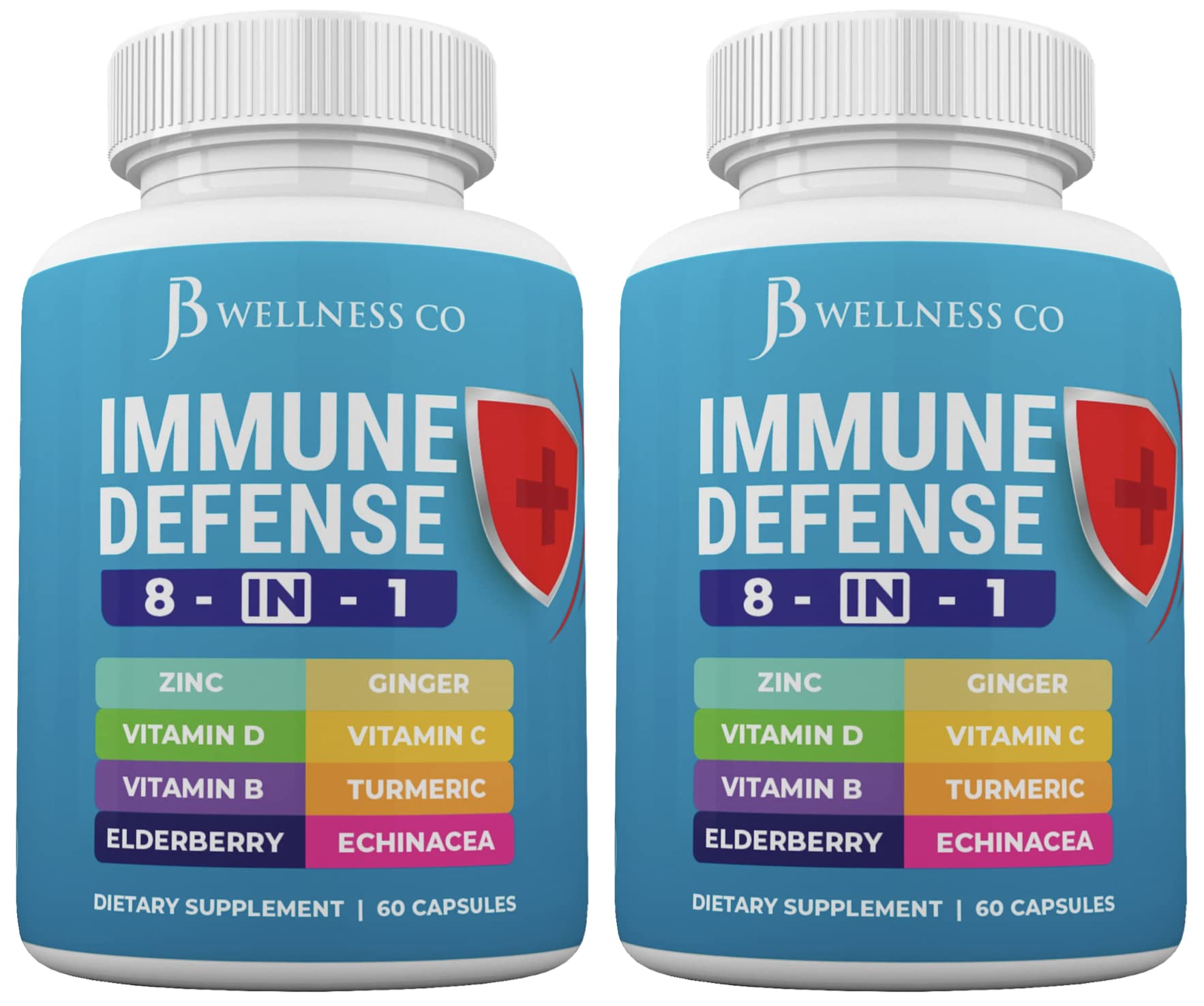 JB WELLNESS CO Immune Support 8 in 1 Capsules - Zinc Supplement, Vitamin D3 5000 IU, Vitamin C 1000MG and Elderberry - Immune Booster Ginger Root, and Turmeric - [2-Pack]