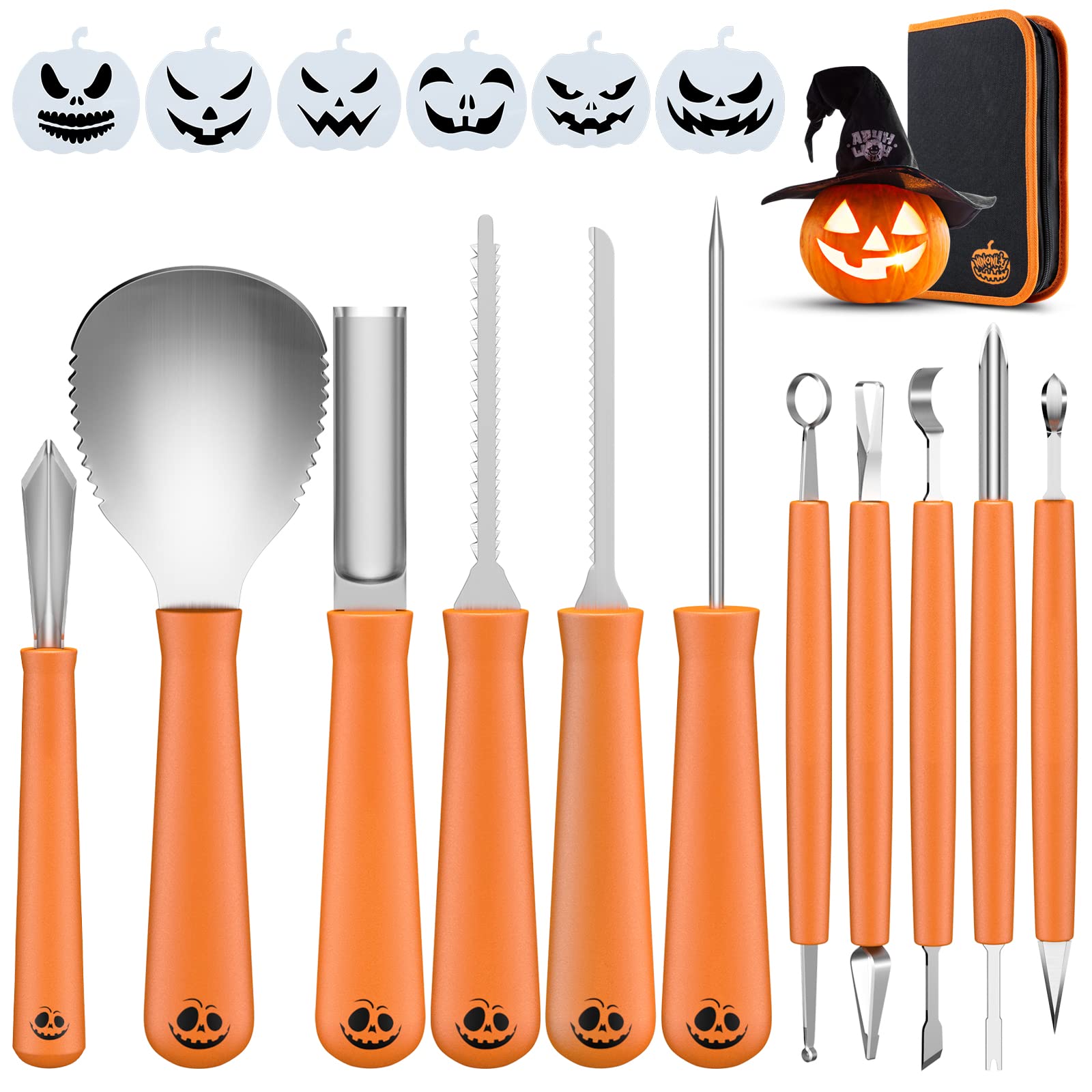 Ninonly Pumpkin Carving Kit, Professional 17Pcs Stainless Steel Pumpkin Knives Tools with Carrying Bag Pumpkin Carver Pumpkin Sculpting Set for Adults Kids Halloween Party Decorating Jack-O-Lanterns