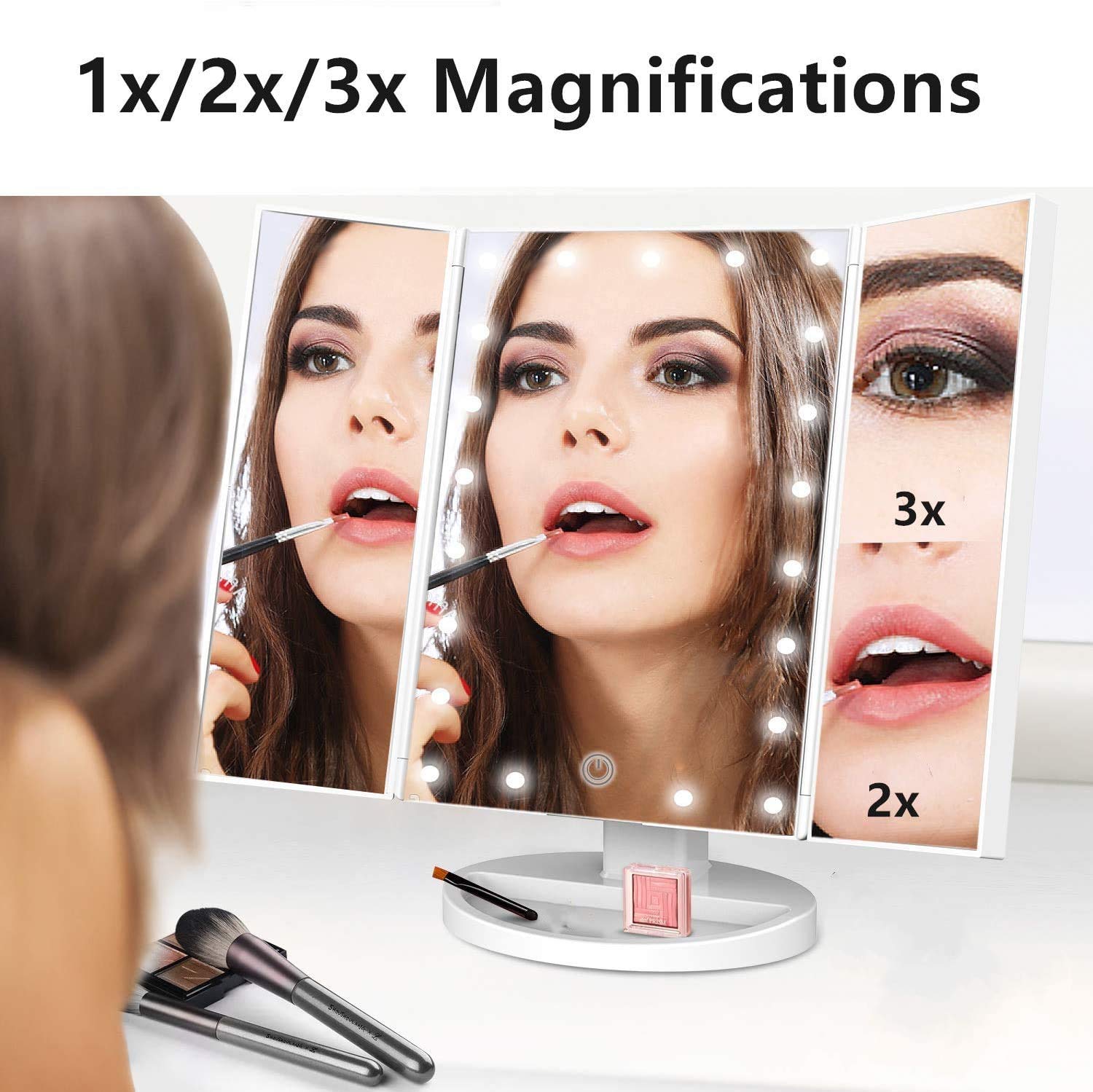 Infitrans 3 Folds Lighted Vanity Makeup Mirror,1X/2X/3X Magnification, 21 LED Light Bright Table Mirror with Touch Screen,180 Adjustable Rotation,Portable Travel Cosmetic Mirror