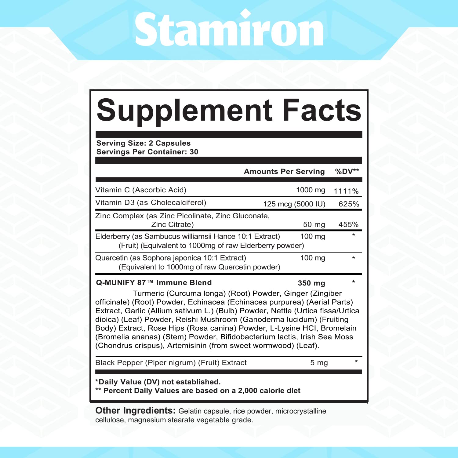 Stamiron Quercetin 1000mg Zinc 50mg Vitamin C 1000mg Supplement Immune Support Defense w Vit D3 5000IU Elderberry Echinacea Artemisinin Turmeric Ginger Quercitin Bromelain Garlic Nettle -USA Made 60ct