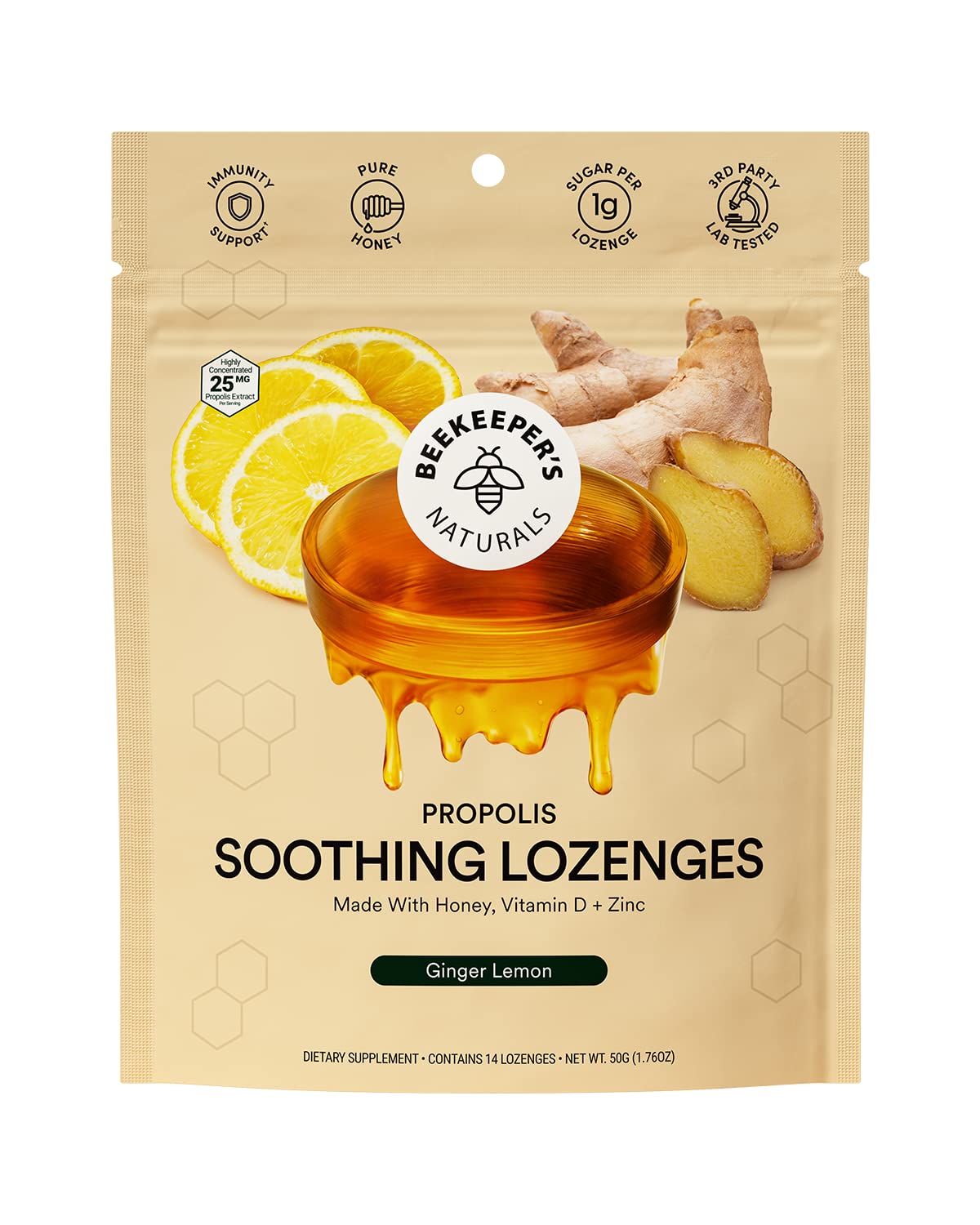 Beekeeper's Naturals Soothing Honey Ginger Lemon Cough Drops - Immune Support with Vitamin D, Zinc and Propolis Throat Soothing Lozenges, 14 Ct